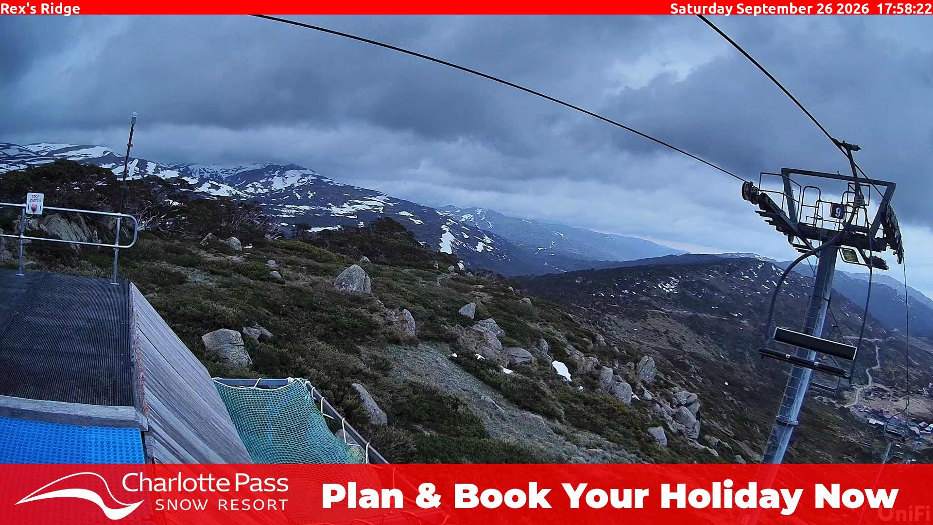 Charlotte Pass Rex's Ridge snow cam captured at 26 September 2026 at 6:01 pm AEST