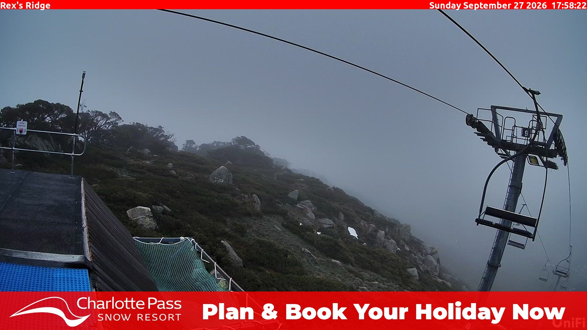 Charlotte Pass Rex's Ridge snow cam captured at 27 September 2026 at 6:18 pm AEST