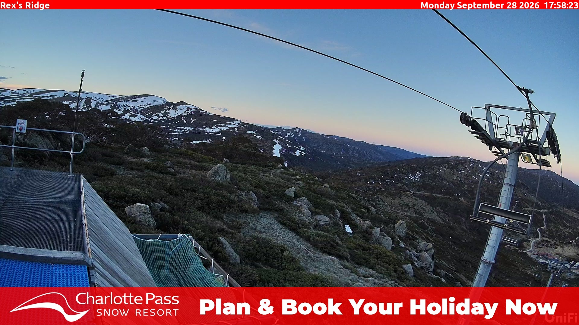 Charlotte Pass Rex's Ridge snow cam captured at 28 September 2026 at 5:59 pm AEST