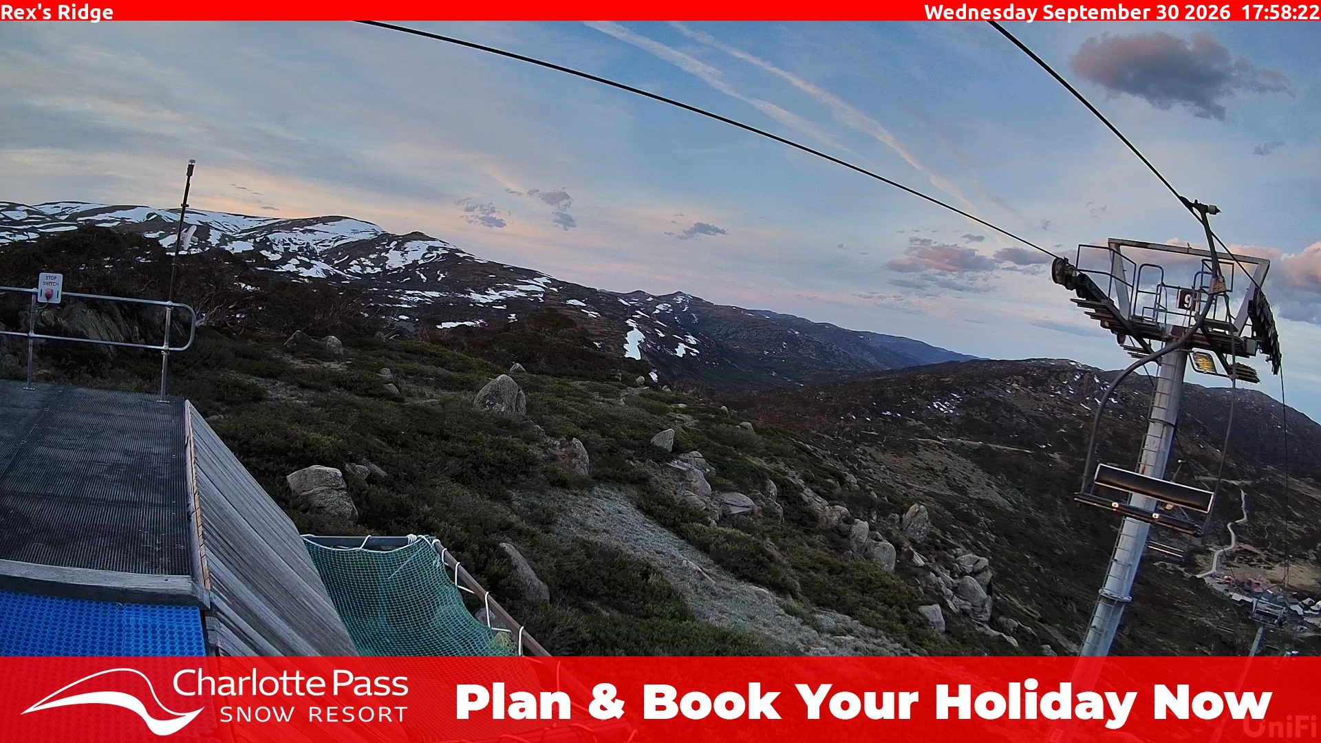 Charlotte Pass Rex's Ridge snow cam captured at 30 September 2026 at 6:00 pm AEST