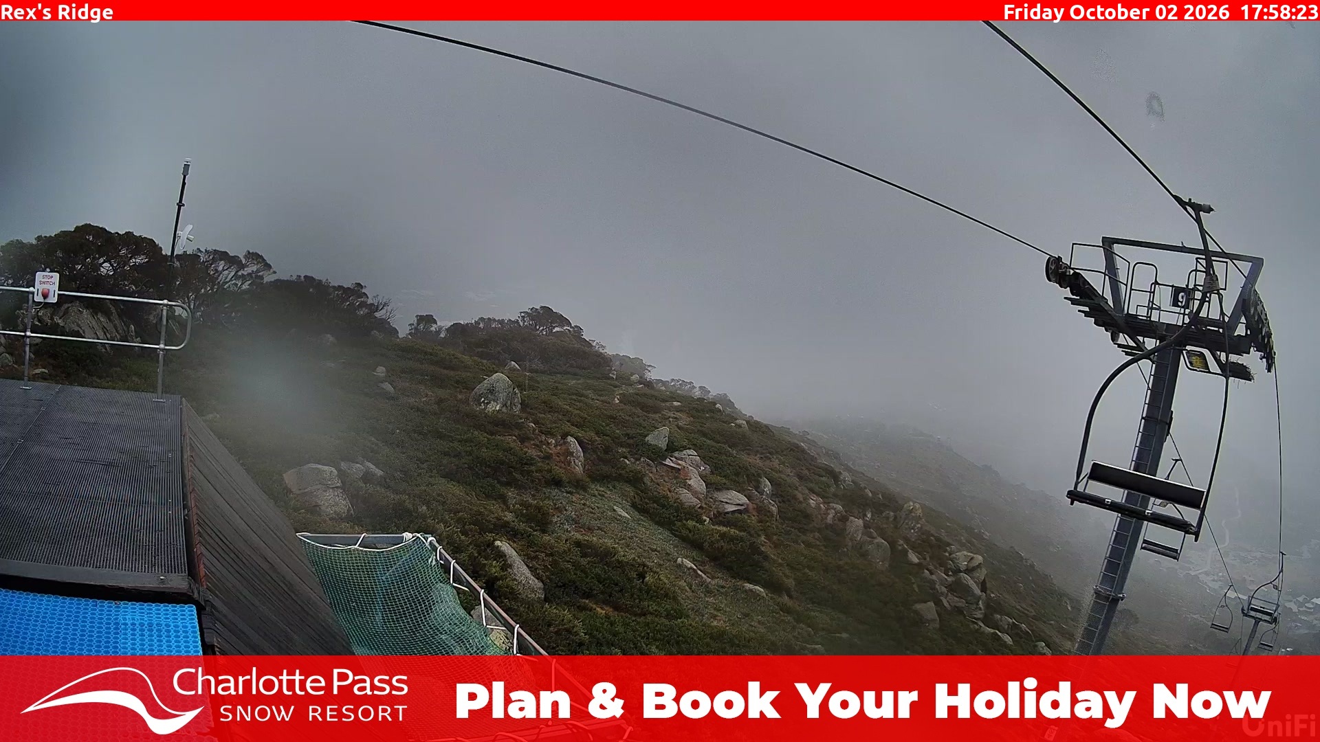 Charlotte Pass Rex's Ridge snow cam captured at 2 October 2026 at 5:59 pm AEST