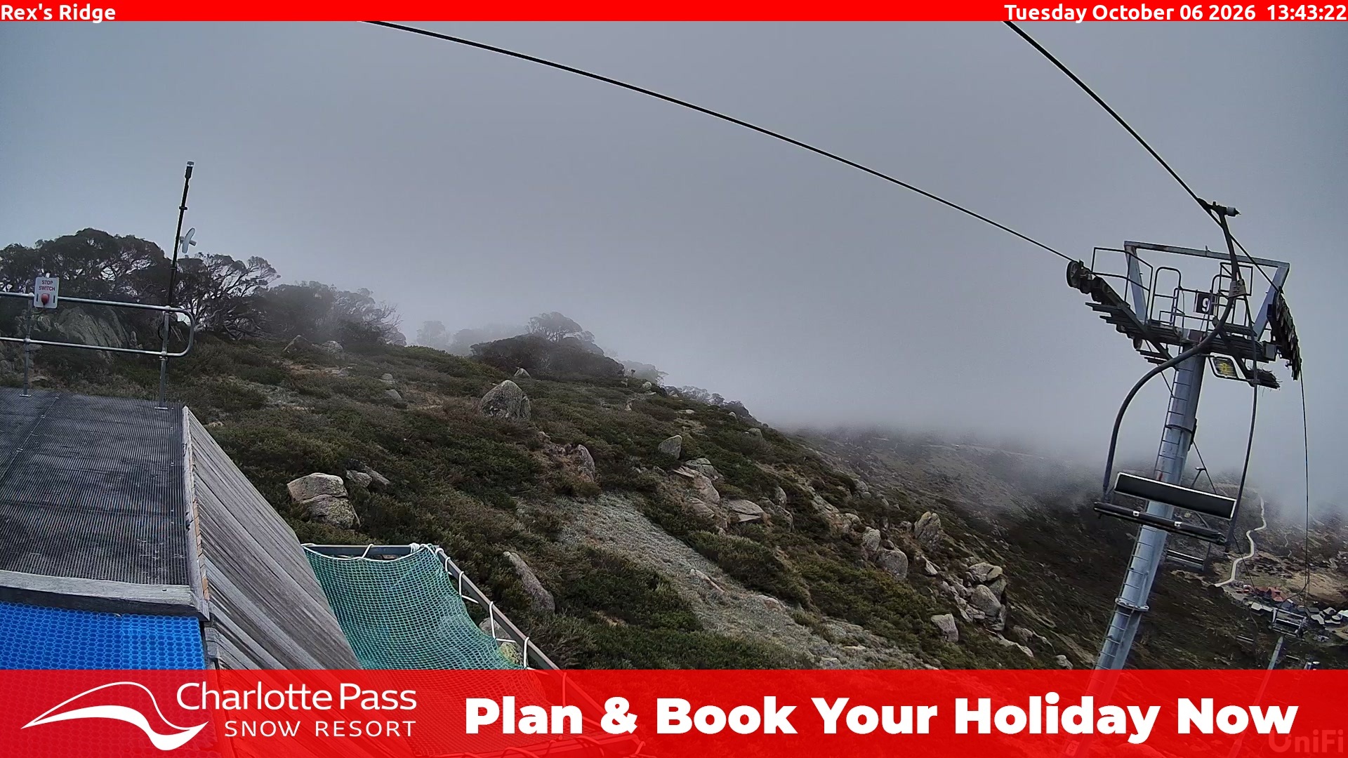 Charlotte Pass Rex's Ridge snow cam captured at 6 October 2026 at 1:46 pm AEDT