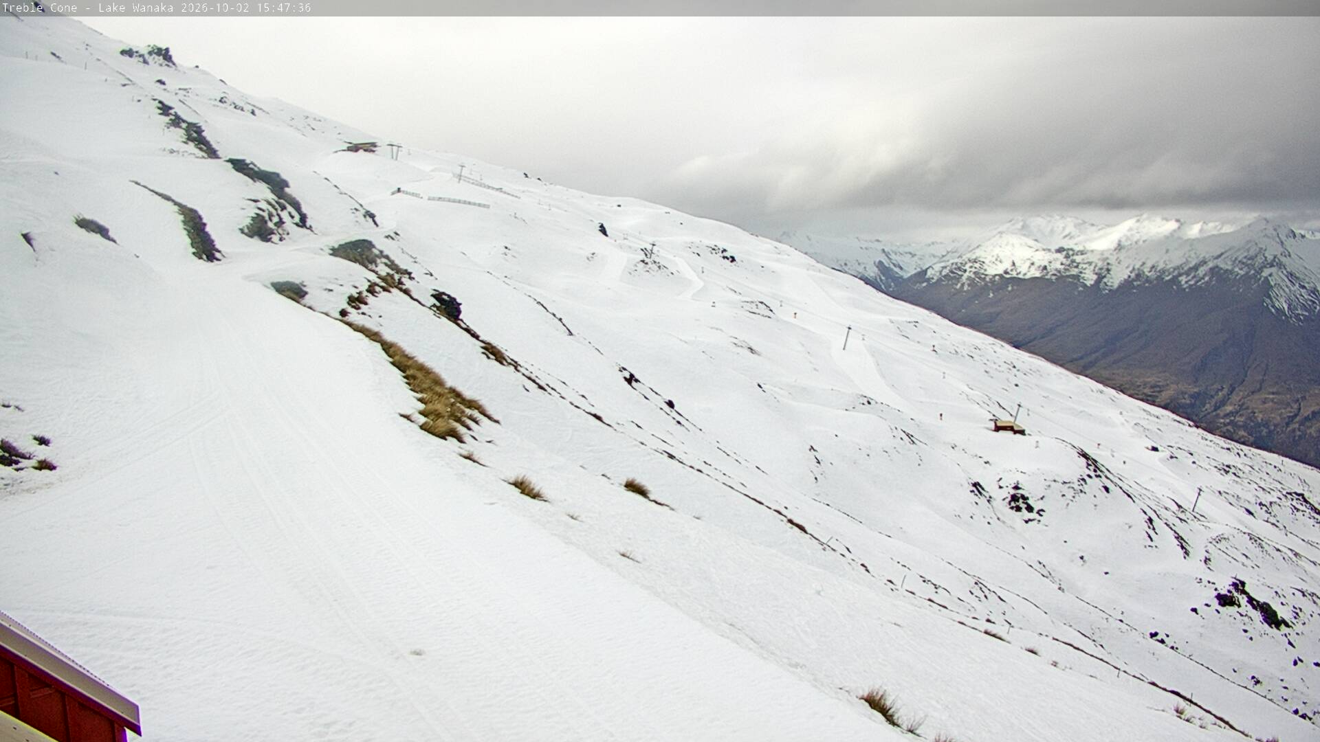 Treble Cone Home Basin snow cam captured at 2 October 2026 at 4:44 pm NZDT