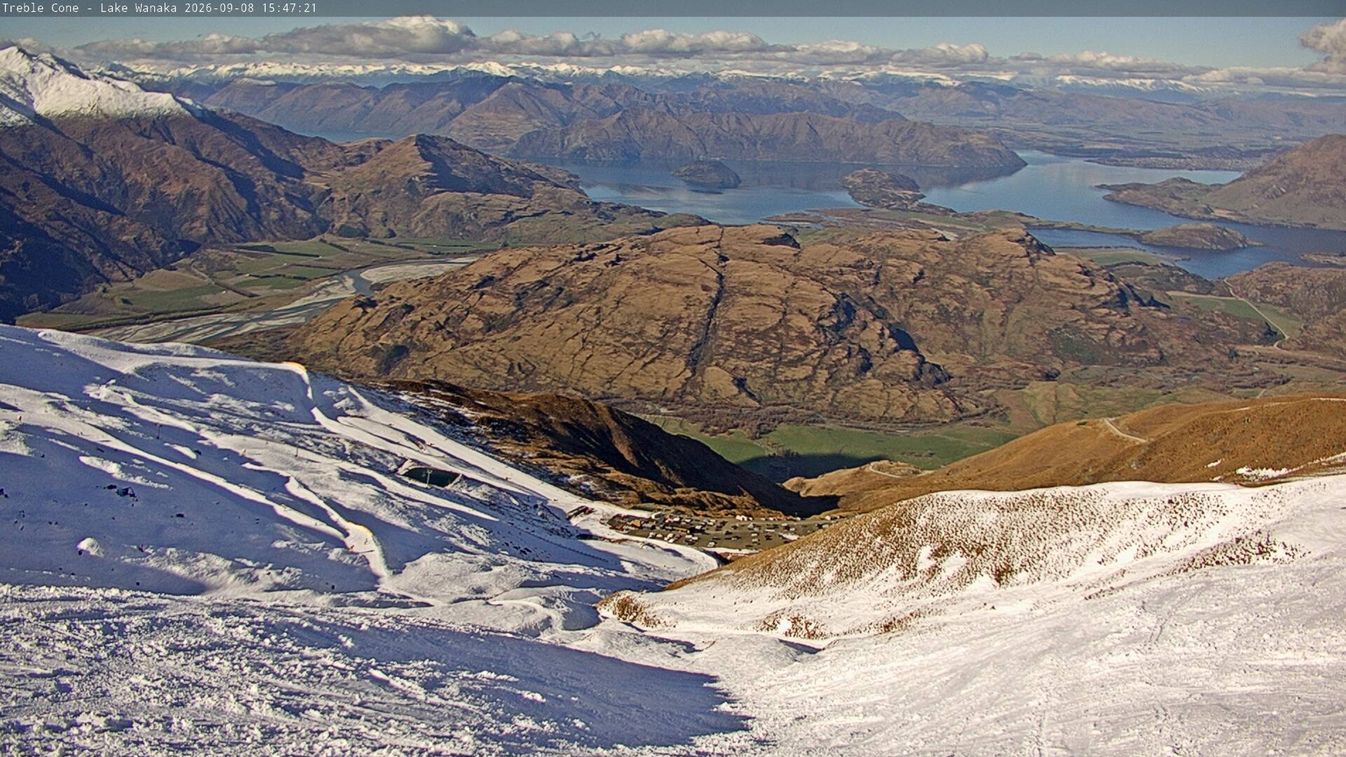 Treble Cone Lake Wānaka View snow cam captured at 8 September 2026 at 3:34 pm NZST