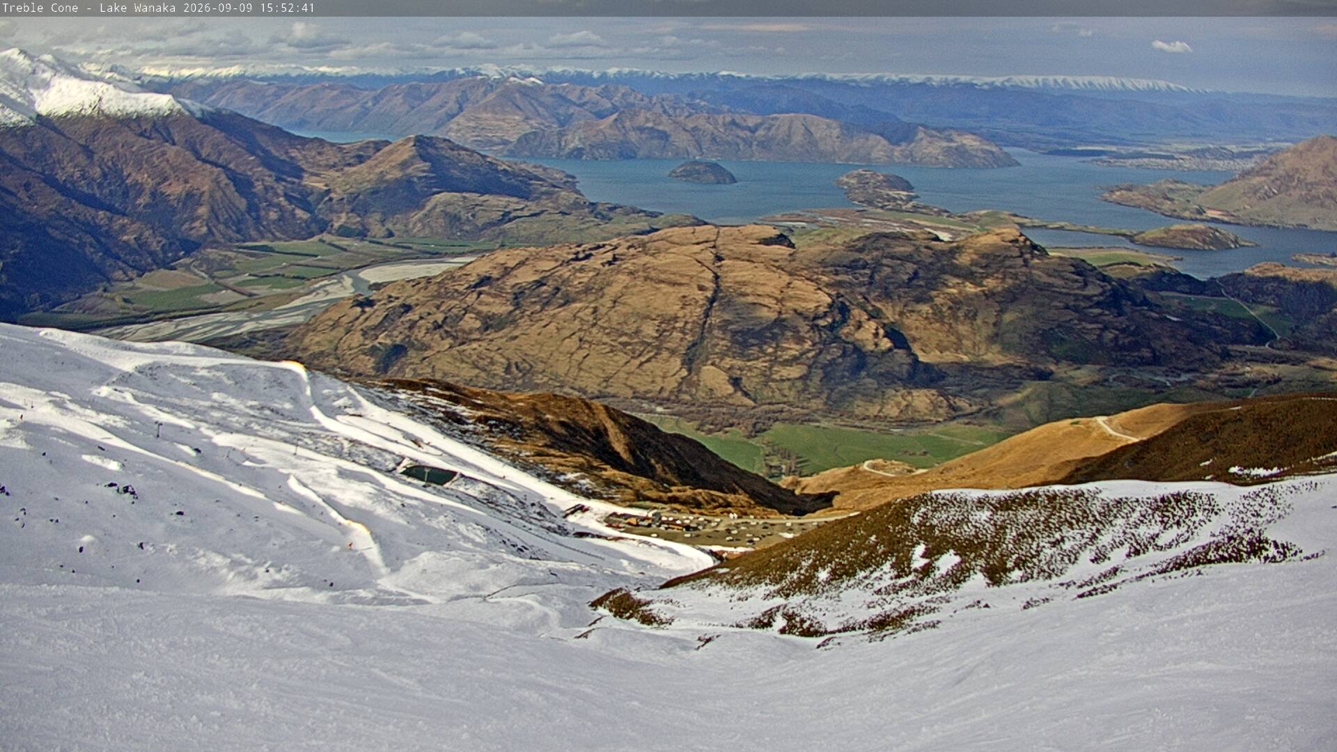 Treble Cone Lake Wānaka View snow cam captured at 9 September 2026 at 3:35 pm NZST