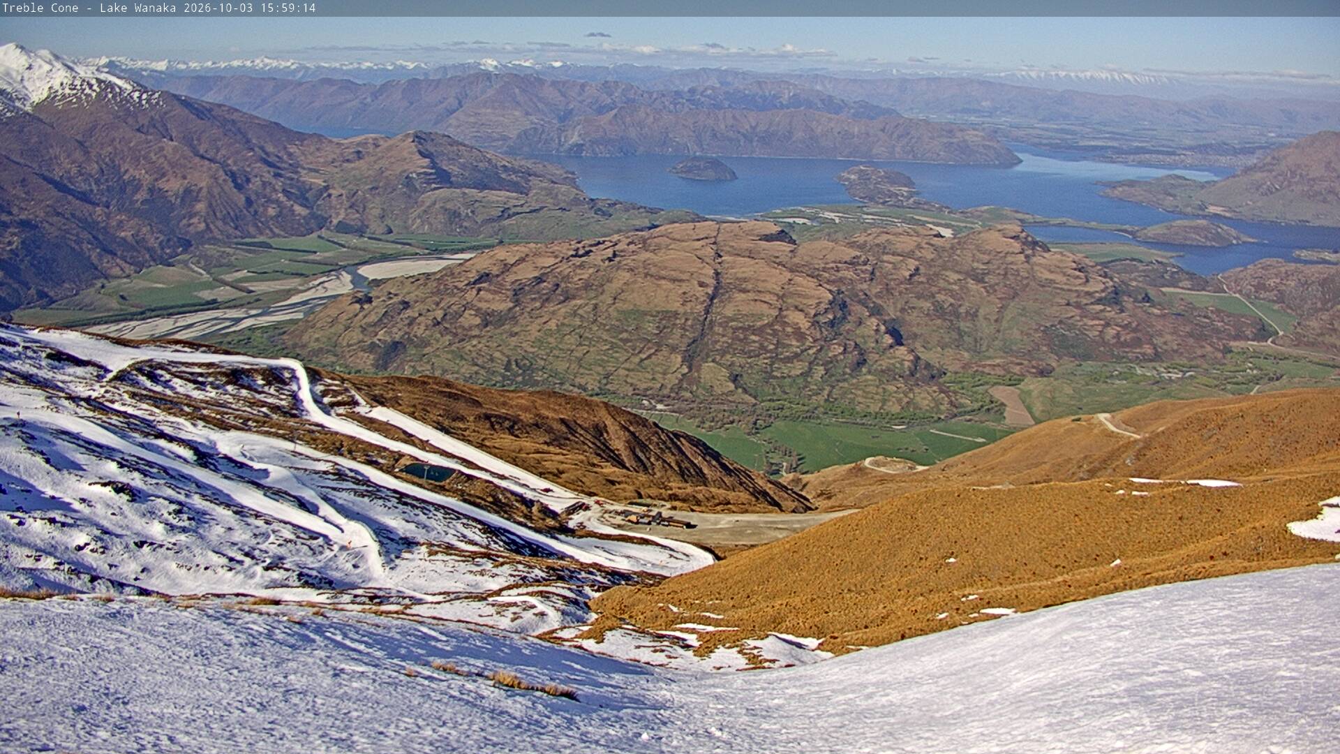 Treble Cone Lake Wānaka View snow cam captured at 3 October 2026 at 4:44 pm NZDT