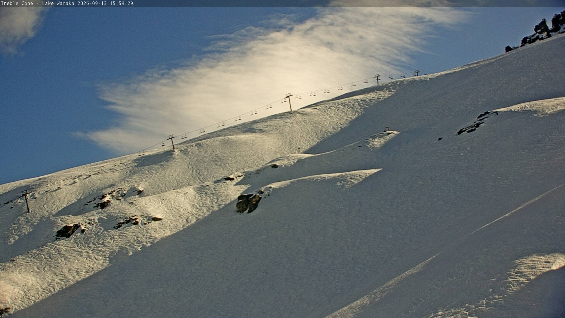 Treble Cone Saddle Chair snow cam captured at 13 September 2026 at 3:44 pm NZST