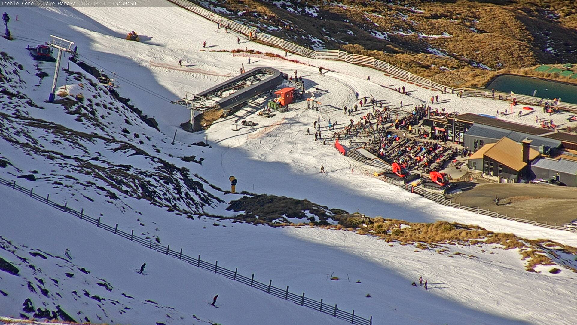 Treble Cone Base Building snow cam captured at 13 September 2026 at 3:44 pm NZST