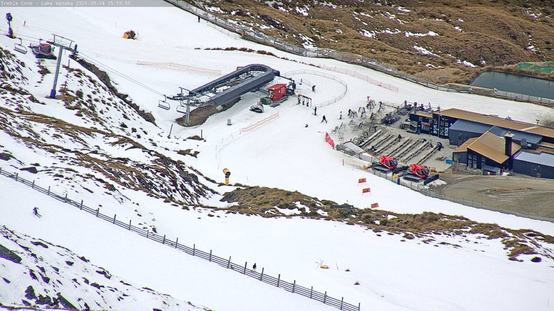 Treble Cone Base Building snow cam captured at 14 September 2026 at 3:49 pm NZST