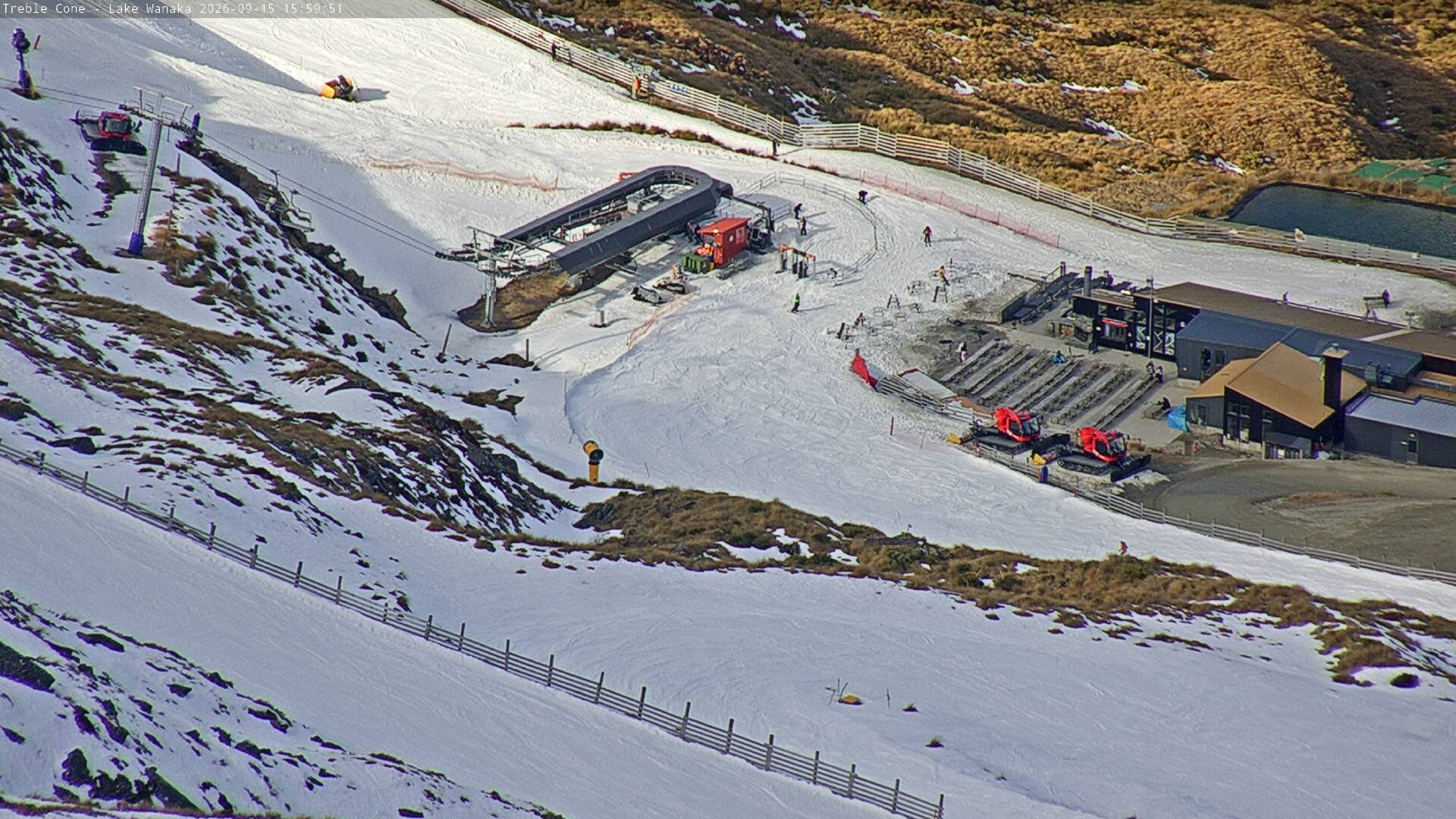 Treble Cone Base Building snow cam captured at 15 September 2026 at 3:42 pm NZST
