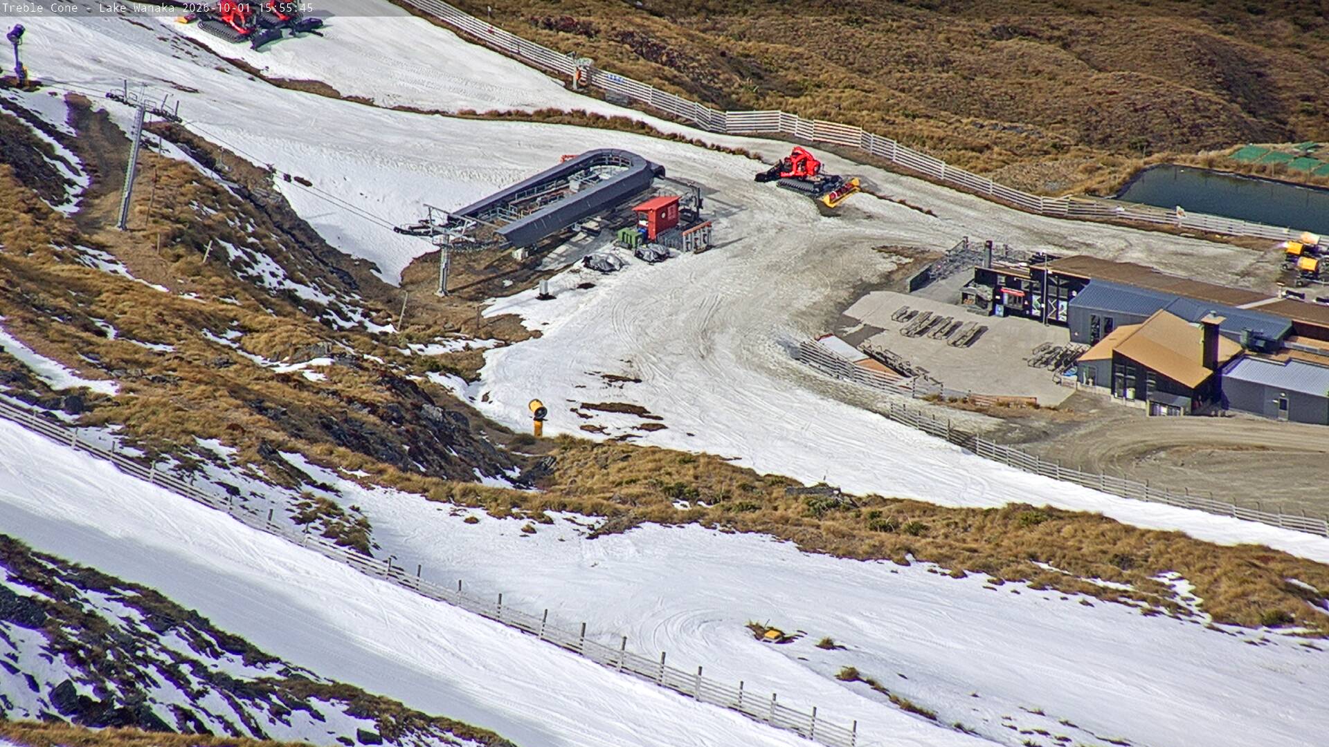 Treble Cone Base Building snow cam captured at 1 October 2026 at 4:45 pm NZDT