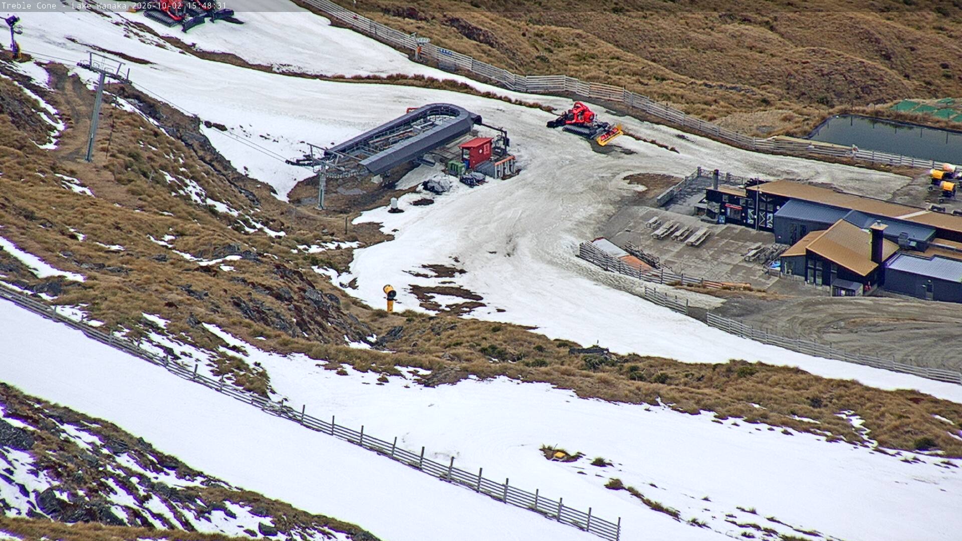 Treble Cone Base Building snow cam captured at 2 October 2026 at 4:44 pm NZDT