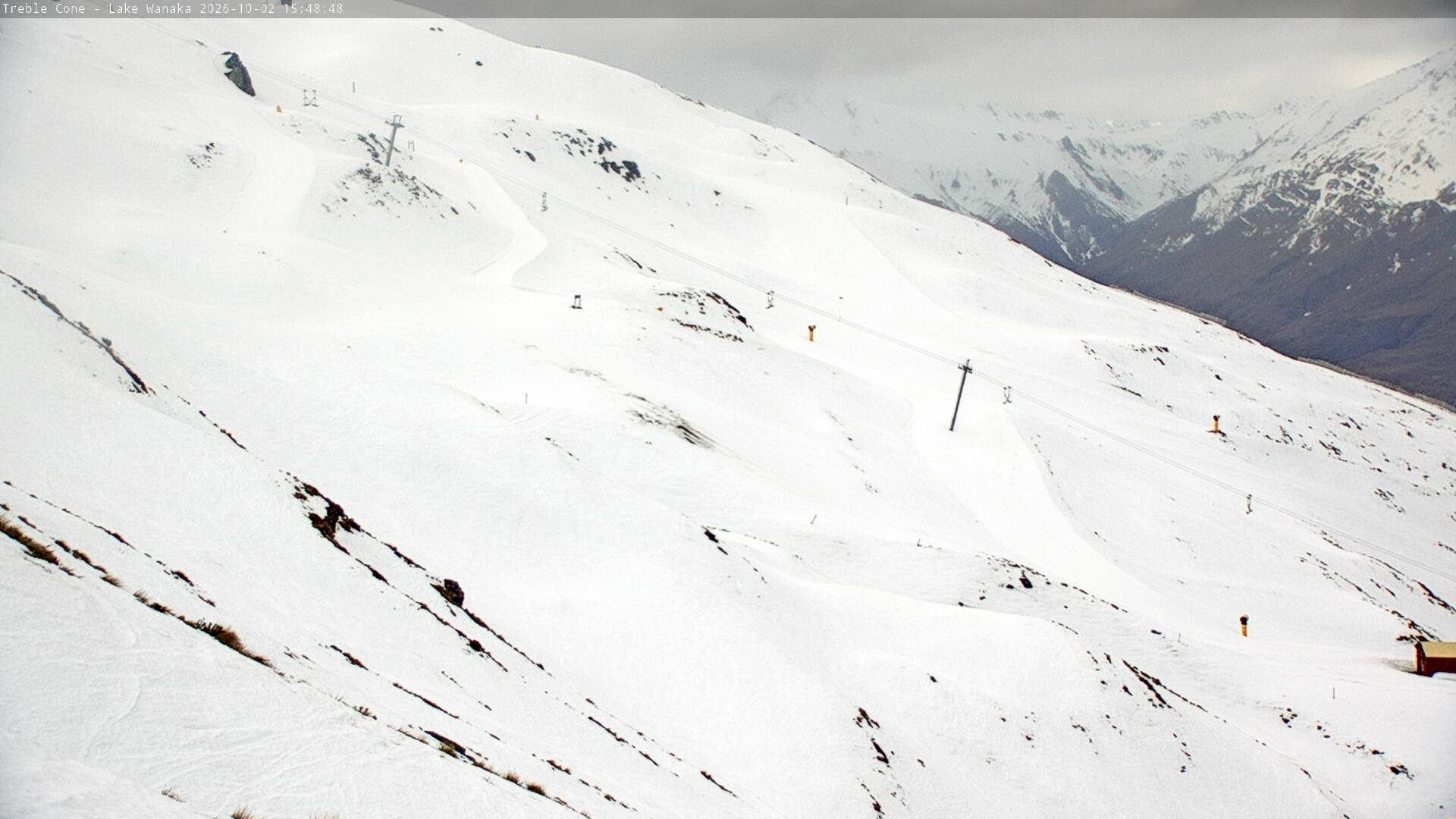 Treble Cone Home Basin Close-up snow cam captured at 2 October 2026 at 4:44 pm NZDT