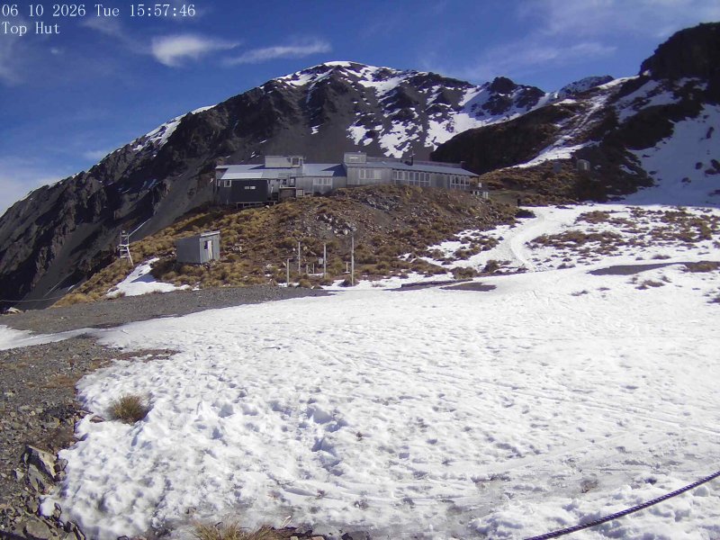 Mt Olympus Top Hut snow cam captured at 6 October 2026 at 4:01 pm NZDT