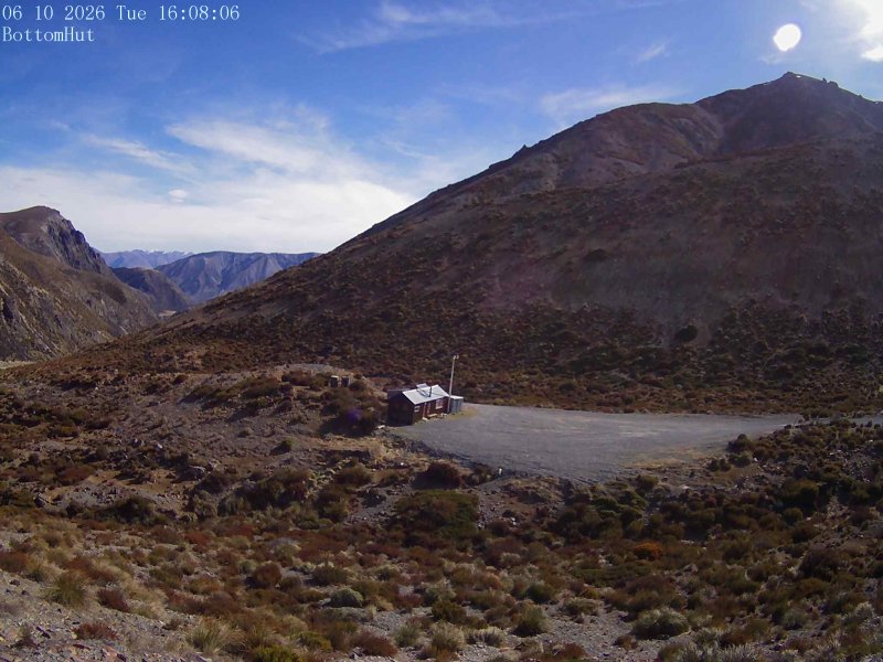 Mt Olympus Bottom Hut Car Park snow cam captured at 6 October 2026 at 4:14 pm NZDT