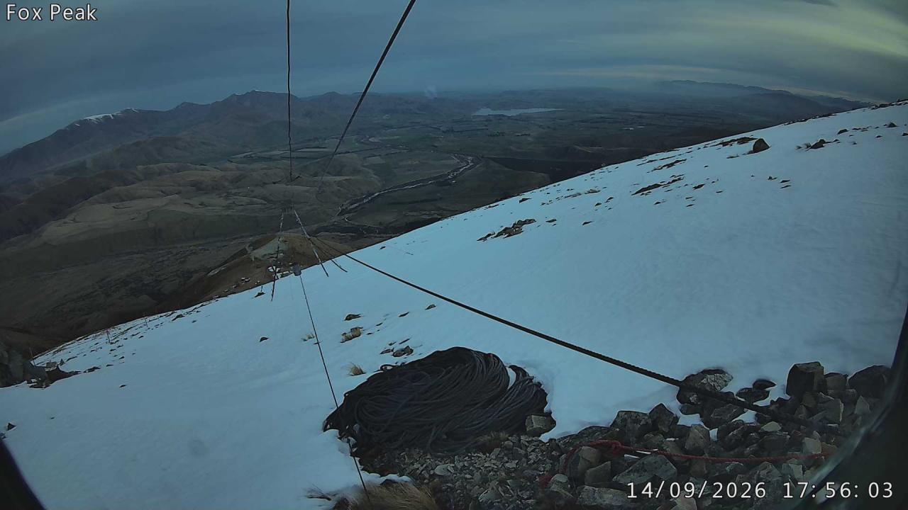 Fox Peak Apex South East snow cam captured at 14 September 2026 at 5:54 pm NZST