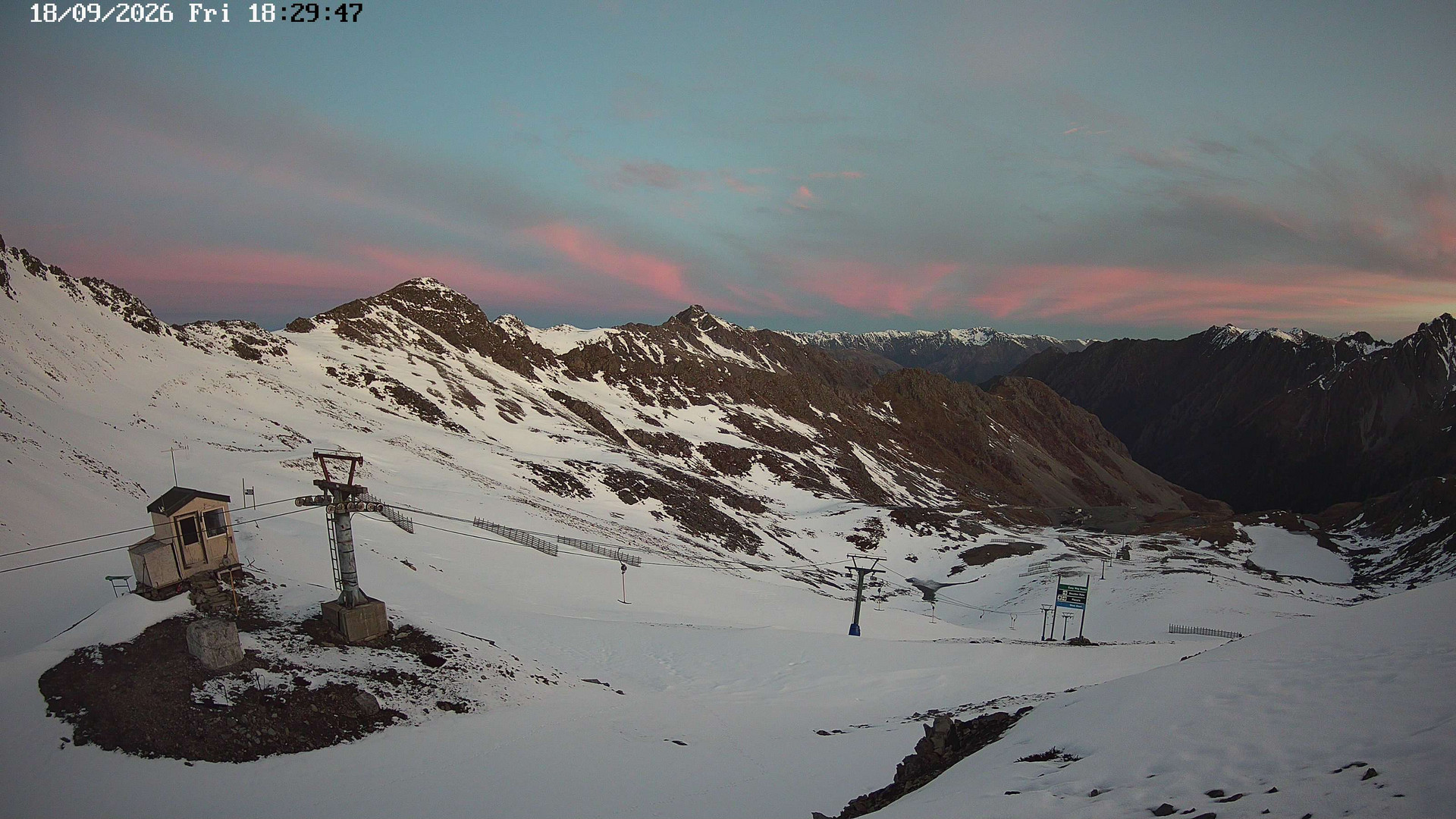 Rainbow Top T-Bar snow cam captured at 18 September 2026 at 6:31 pm NZST
