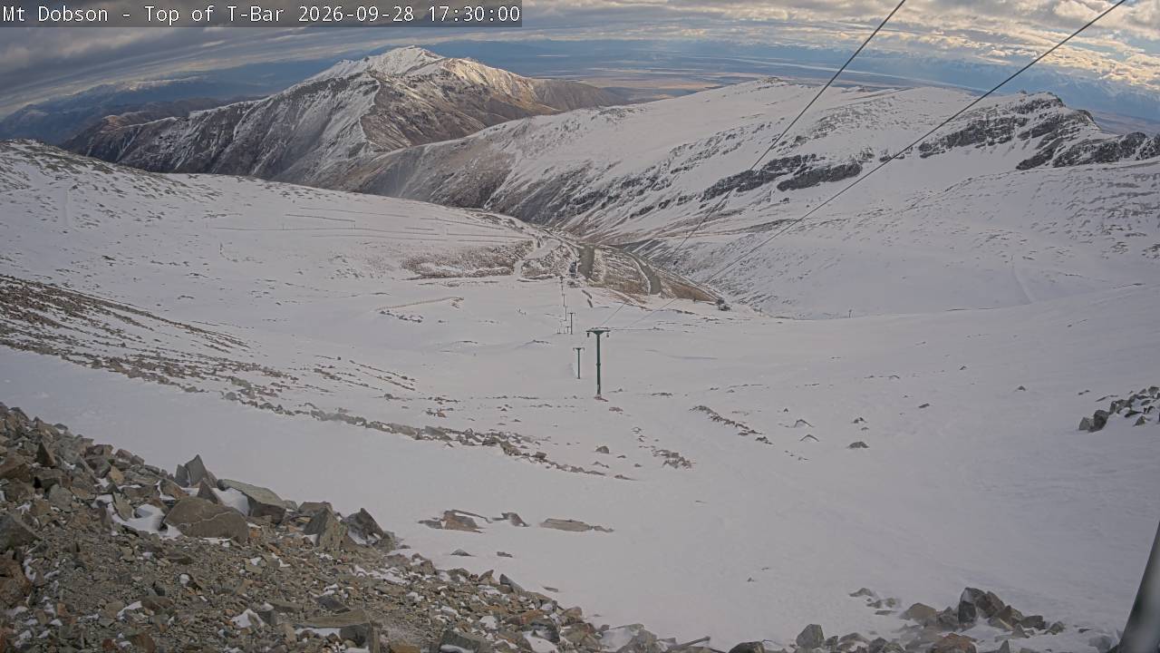 Mt Dobson Webcam 1 snow cam captured at 28 September 2026 at 5:34 pm NZDT