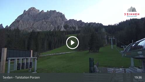 Sexten (3Zinnen Dolomites) Base Station Porzen snow cam captured at 12 September 2026 at 7:55 pm GMT+2
