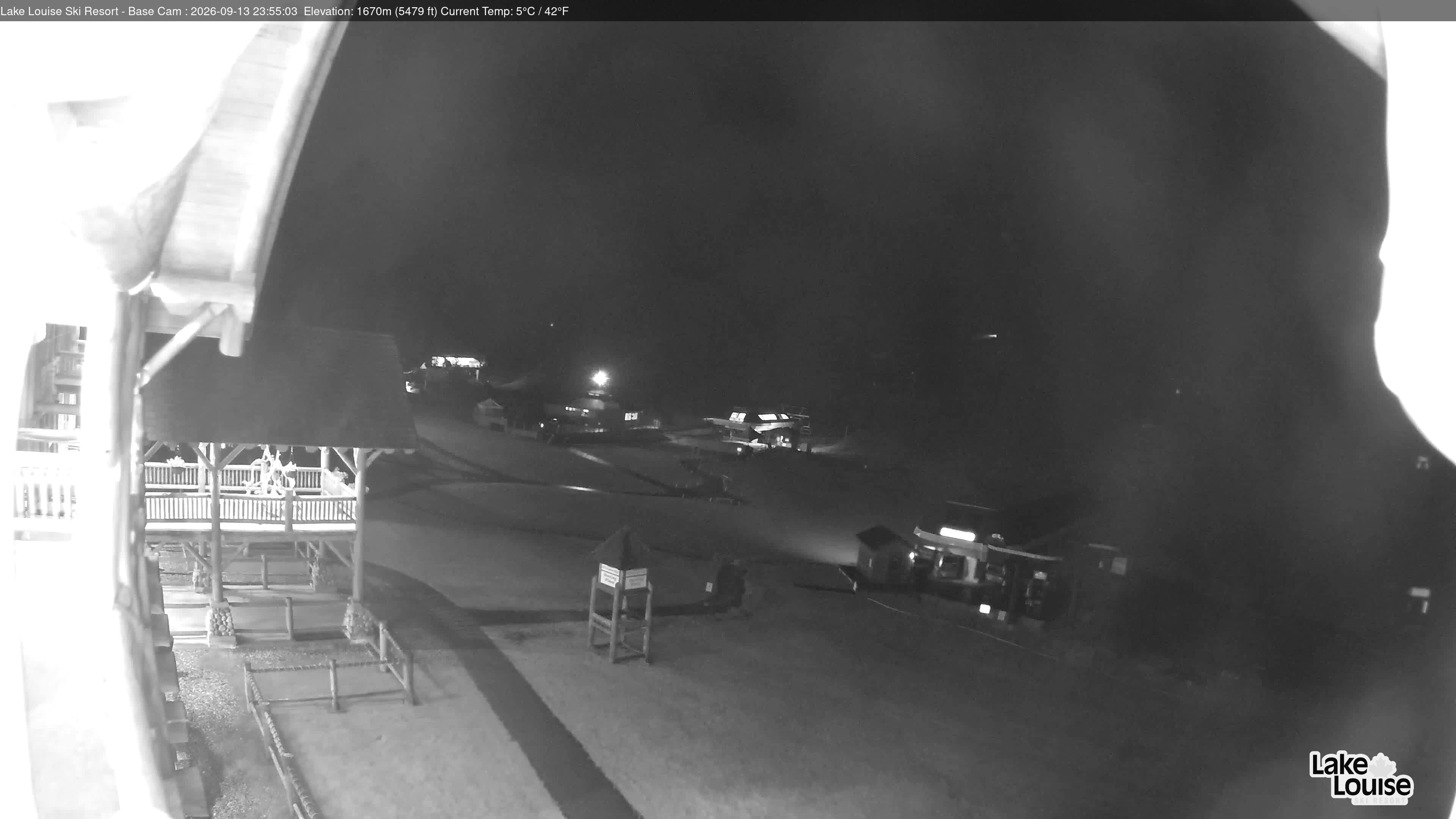 Ski Lake Louise Ski Resort Base Area - West snow cam captured at 13 September 2026 at 11:55 pm GMT-6