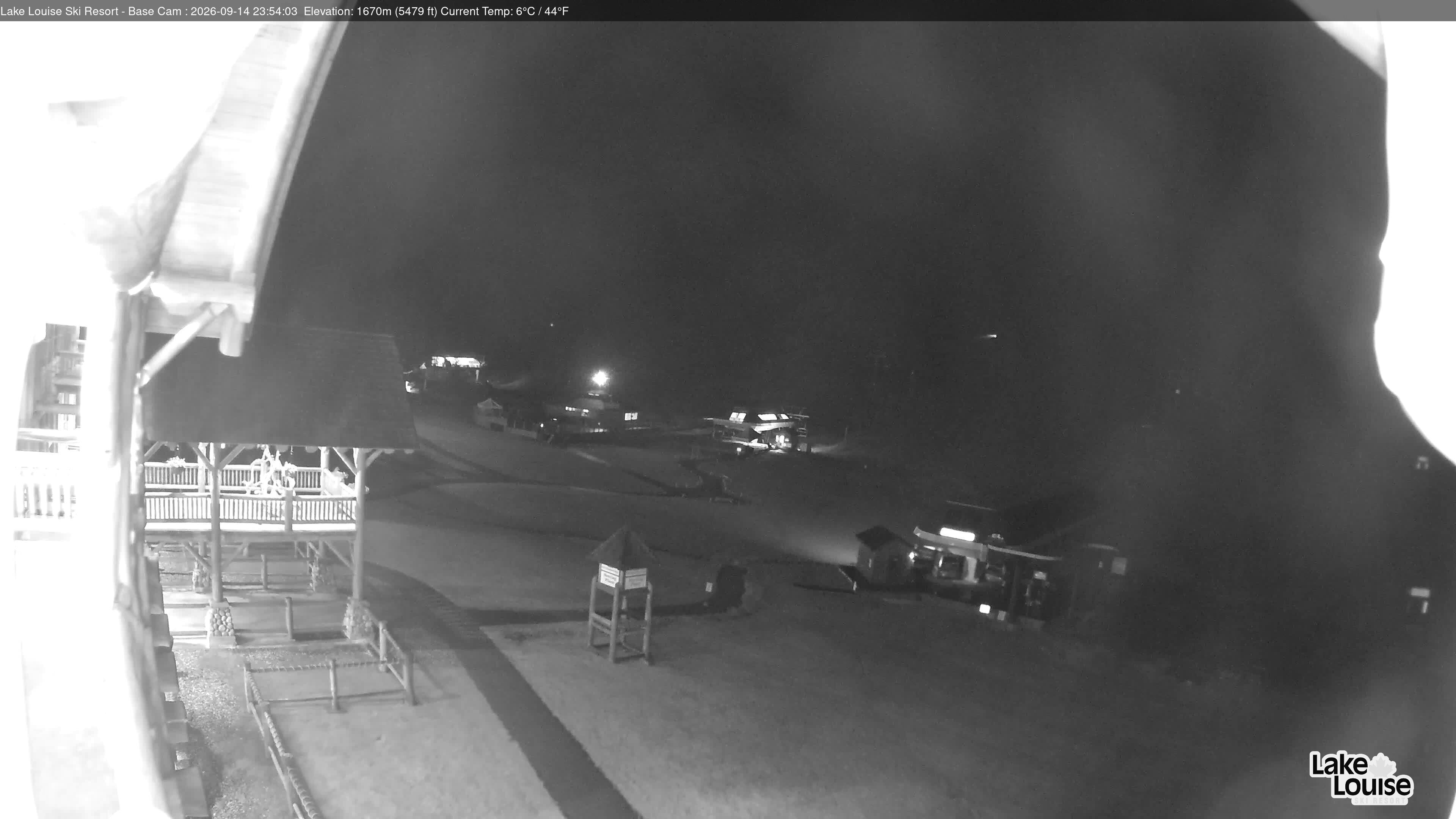 Ski Lake Louise Ski Resort Base Area - West snow cam captured at 14 September 2026 at 11:54 pm GMT-6