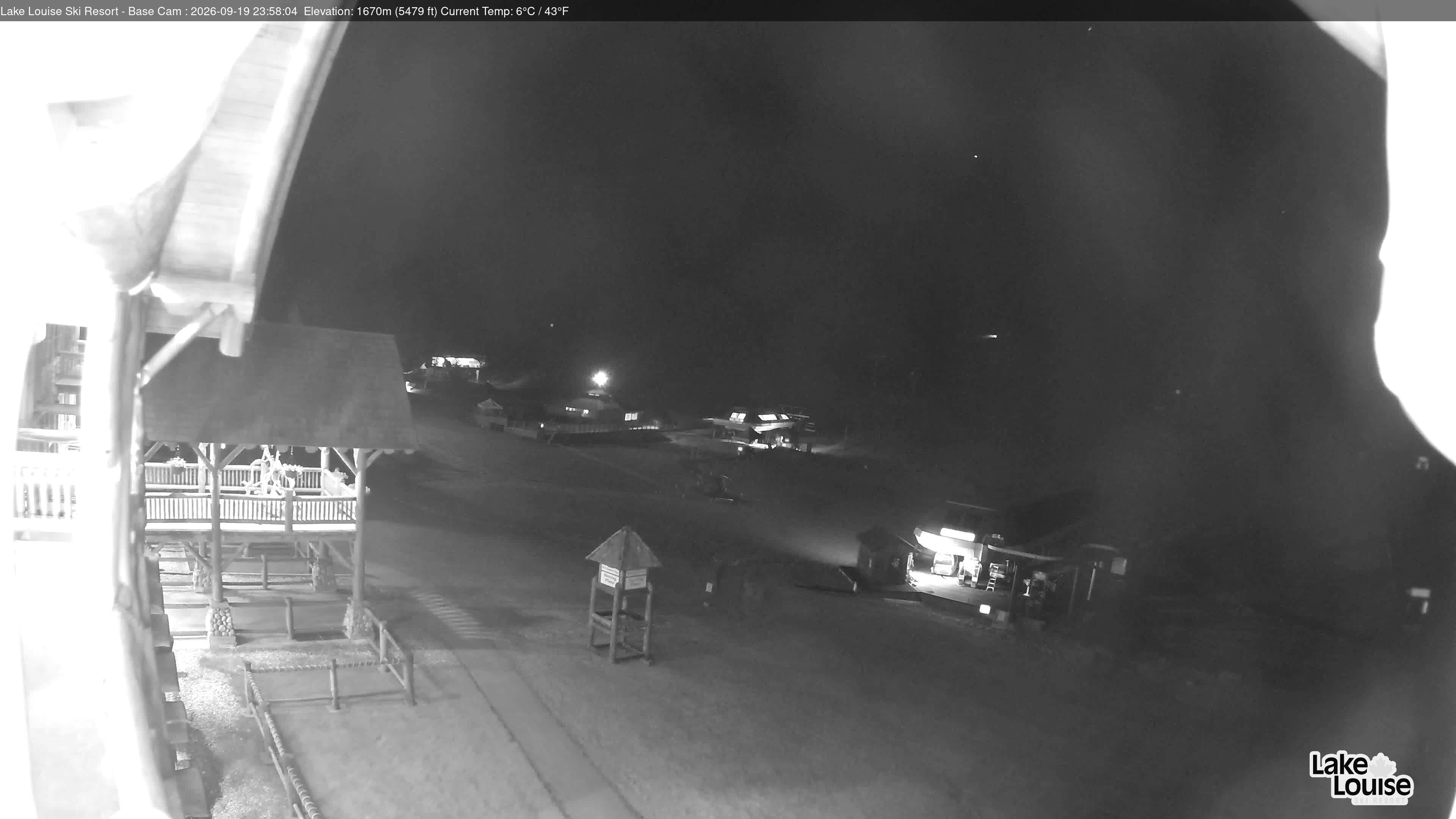 Ski Lake Louise Ski Resort Base Area - West snow cam captured at 19 September 2026 at 11:58 pm GMT-6