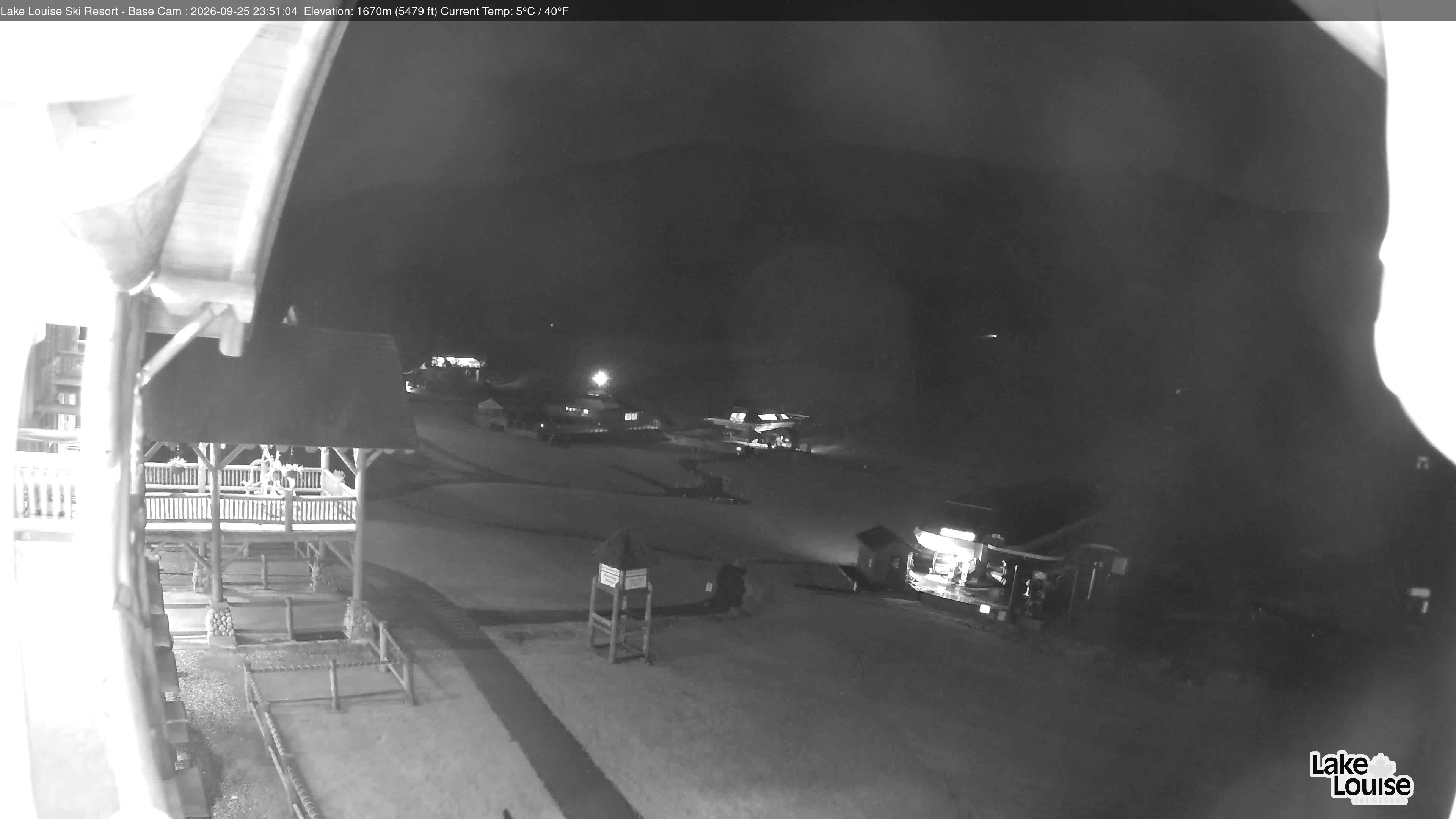 Ski Lake Louise Ski Resort Base Area - West snow cam captured at 25 September 2026 at 11:51 pm GMT-6