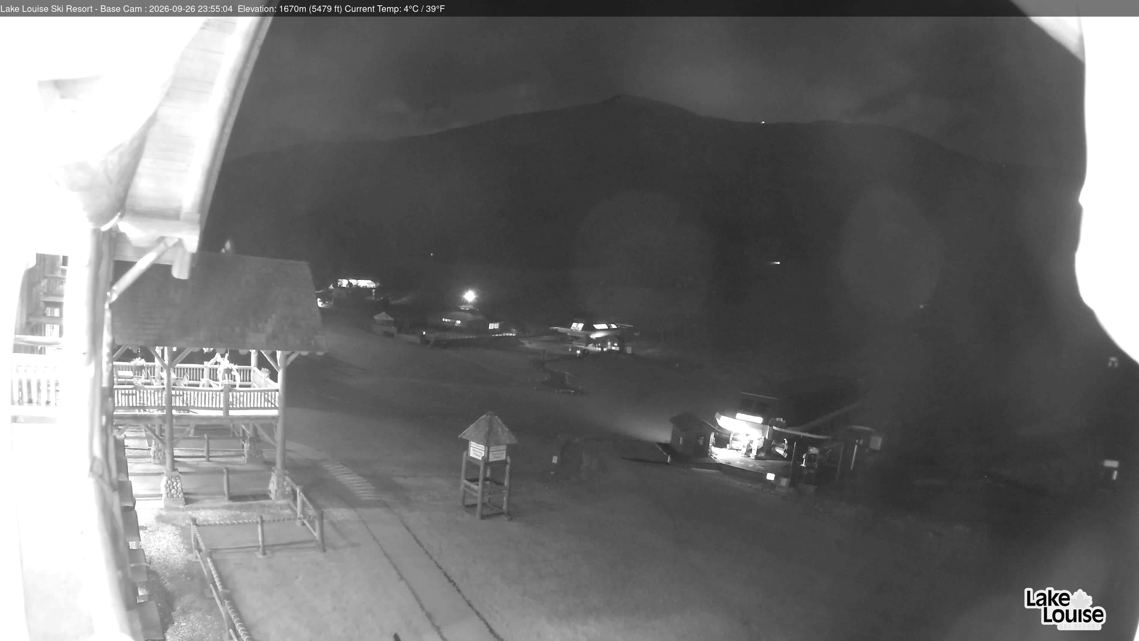 Ski Lake Louise Ski Resort Base Area - West snow cam captured at 26 September 2026 at 11:56 pm GMT-6
