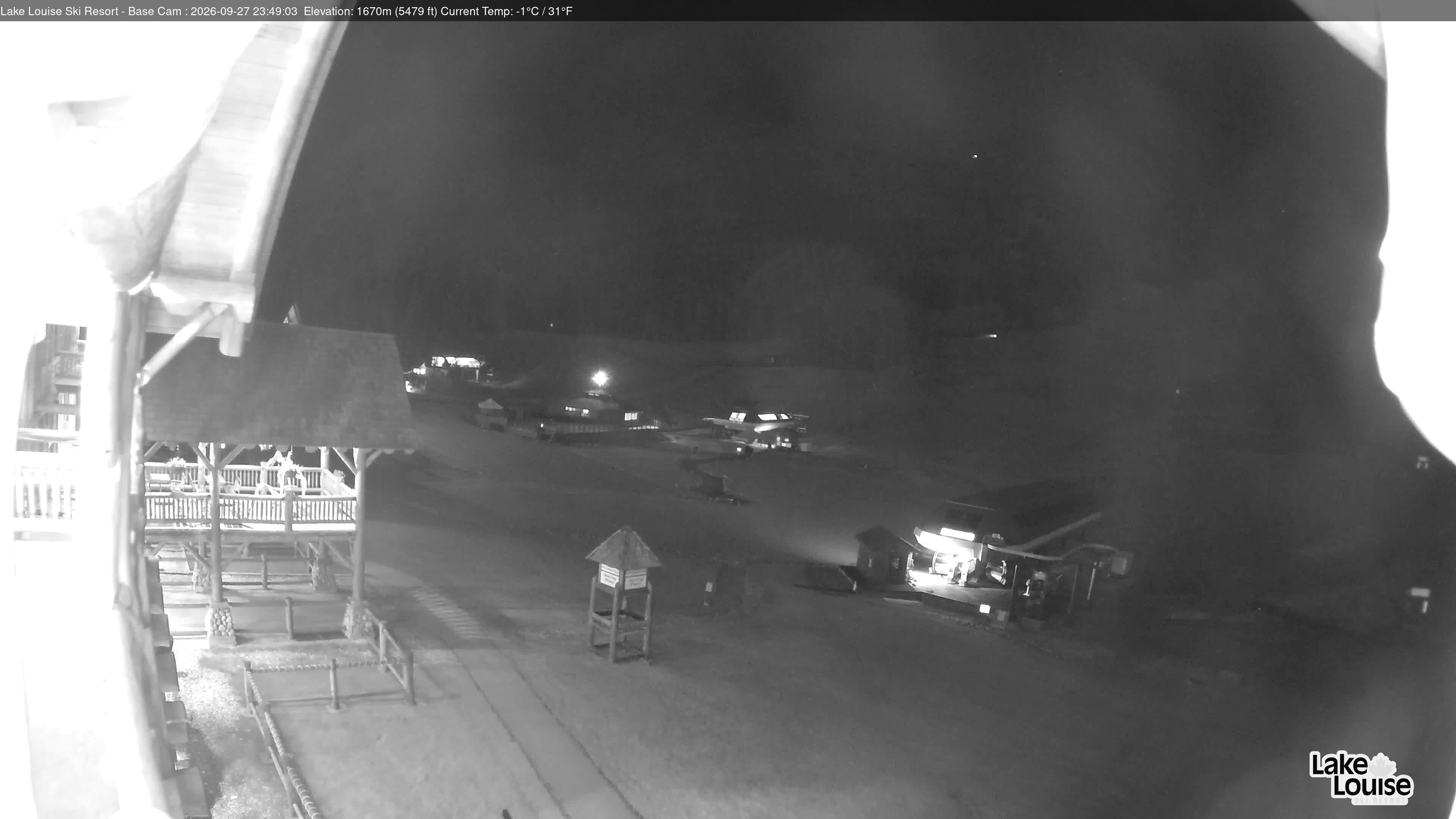 Ski Lake Louise Ski Resort Base Area - West snow cam captured at 27 September 2026 at 11:49 pm GMT-6
