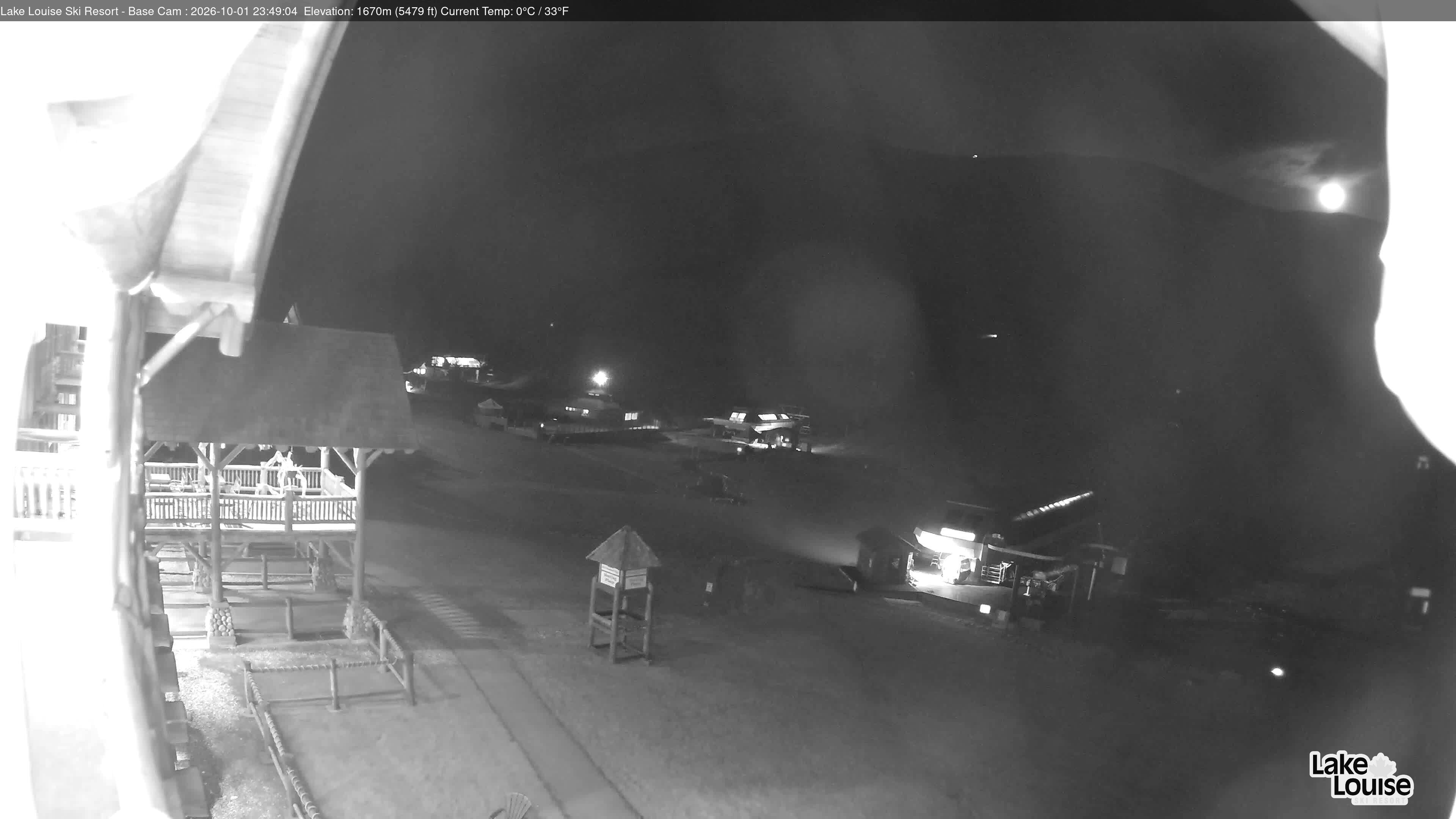 Ski Lake Louise Ski Resort Base Area - West snow cam captured at 1 October 2026 at 11:49 pm GMT-6