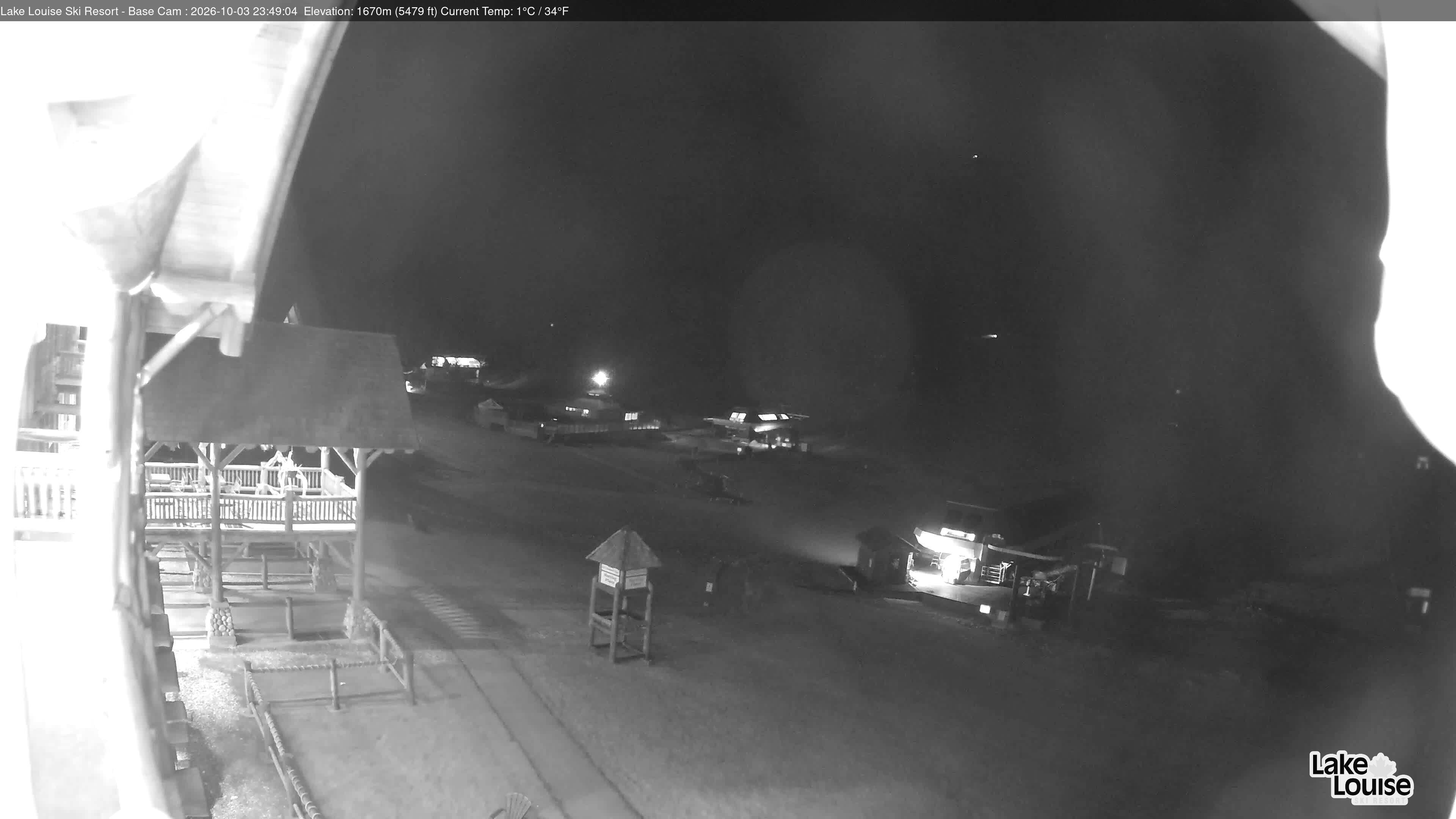 Ski Lake Louise Ski Resort Base Area - West snow cam captured at 3 October 2026 at 11:49 pm GMT-6