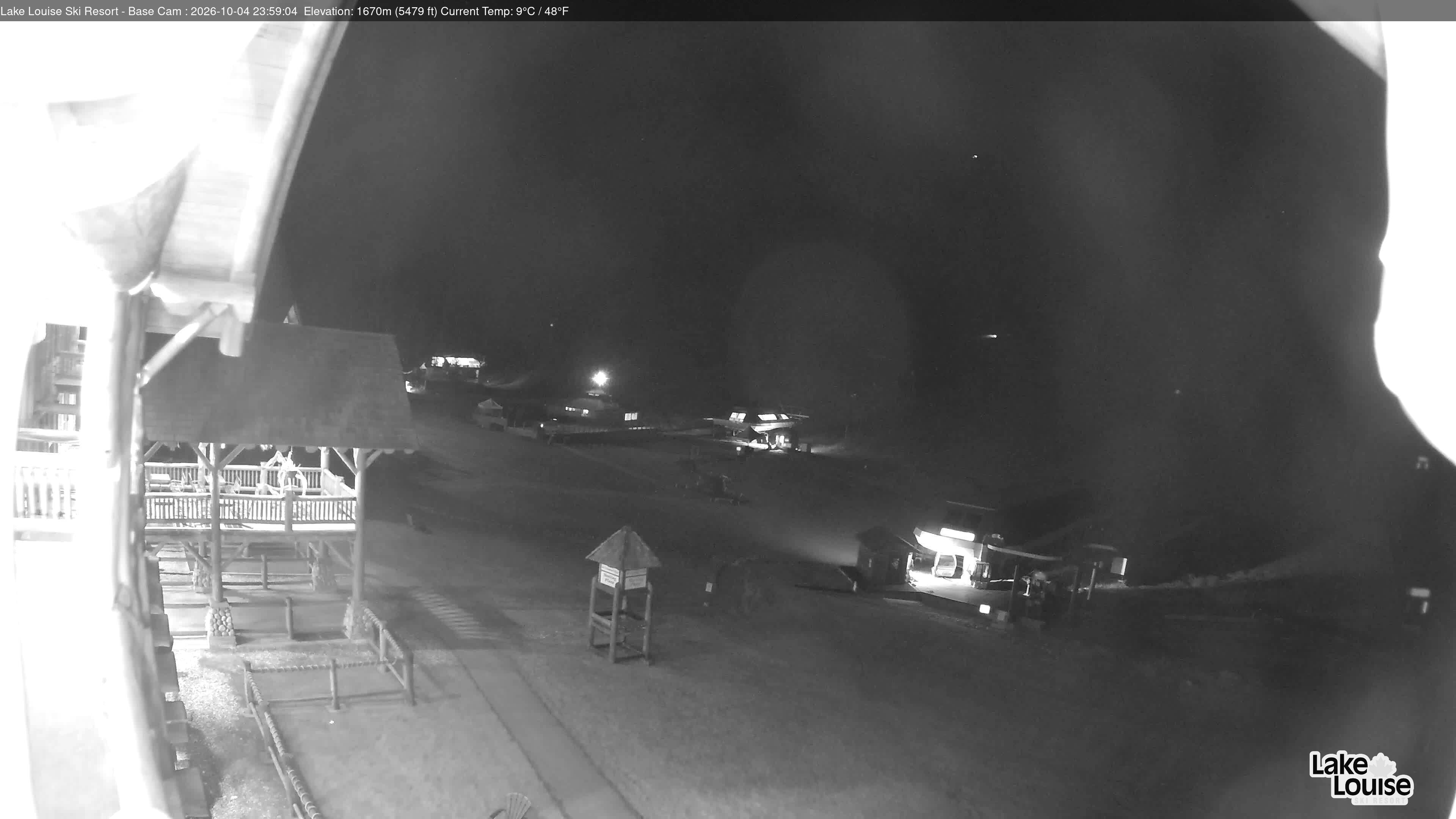 Ski Lake Louise Ski Resort Base Area - West snow cam captured at 4 October 2026 at 11:59 pm GMT-6