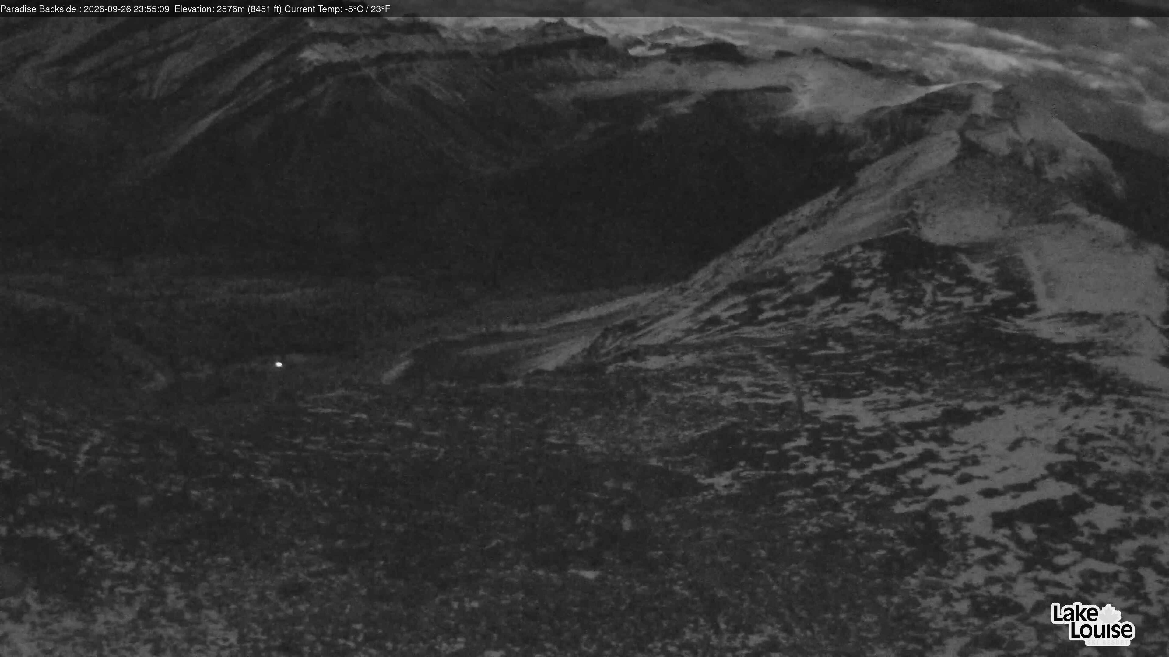 Ski Lake Louise Paradise Backside snow cam captured at 26 September 2026 at 11:56 pm GMT-6