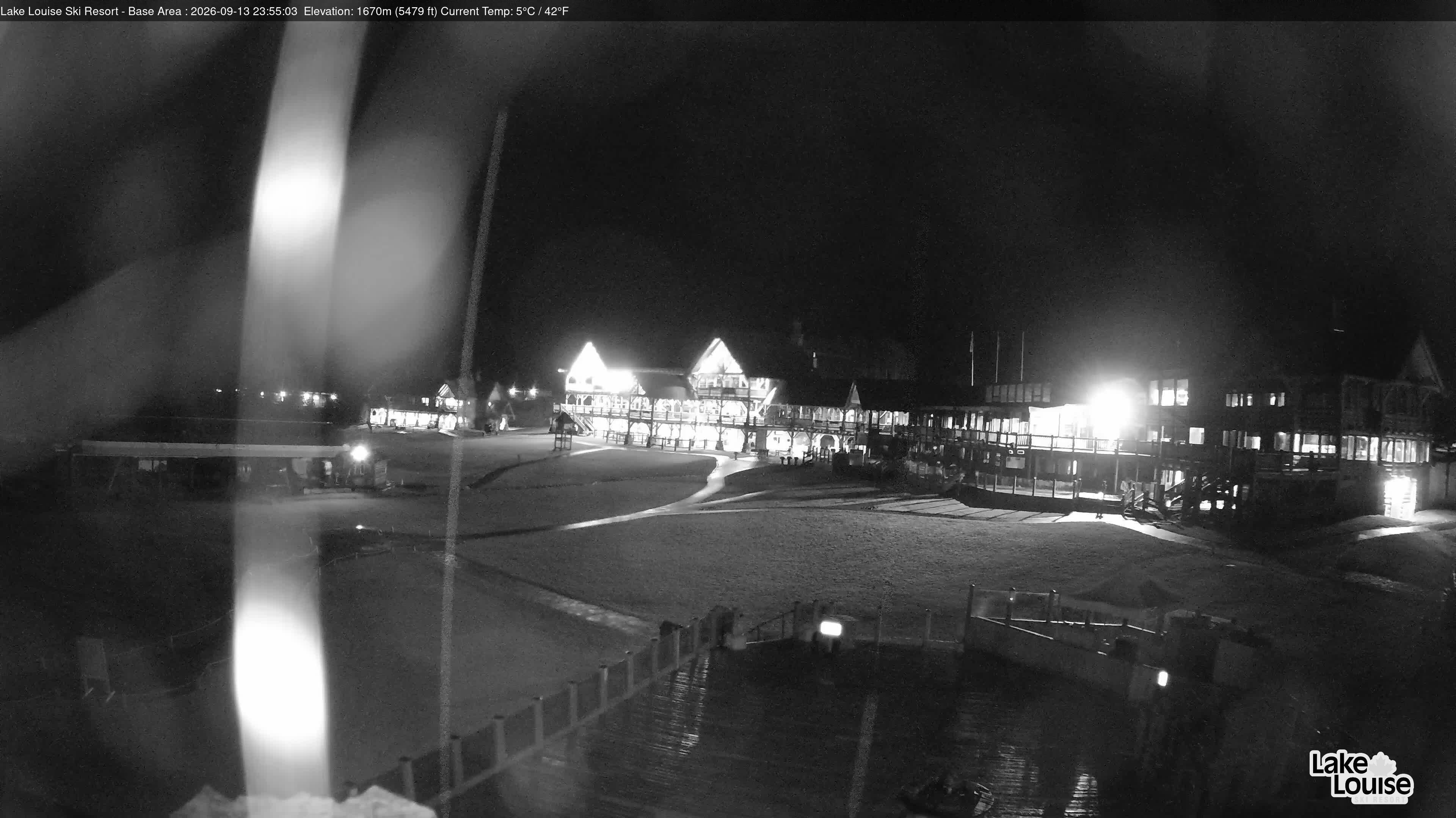Ski Lake Louise Ski Resort Base Area - East snow cam captured at 13 September 2026 at 11:55 pm GMT-6
