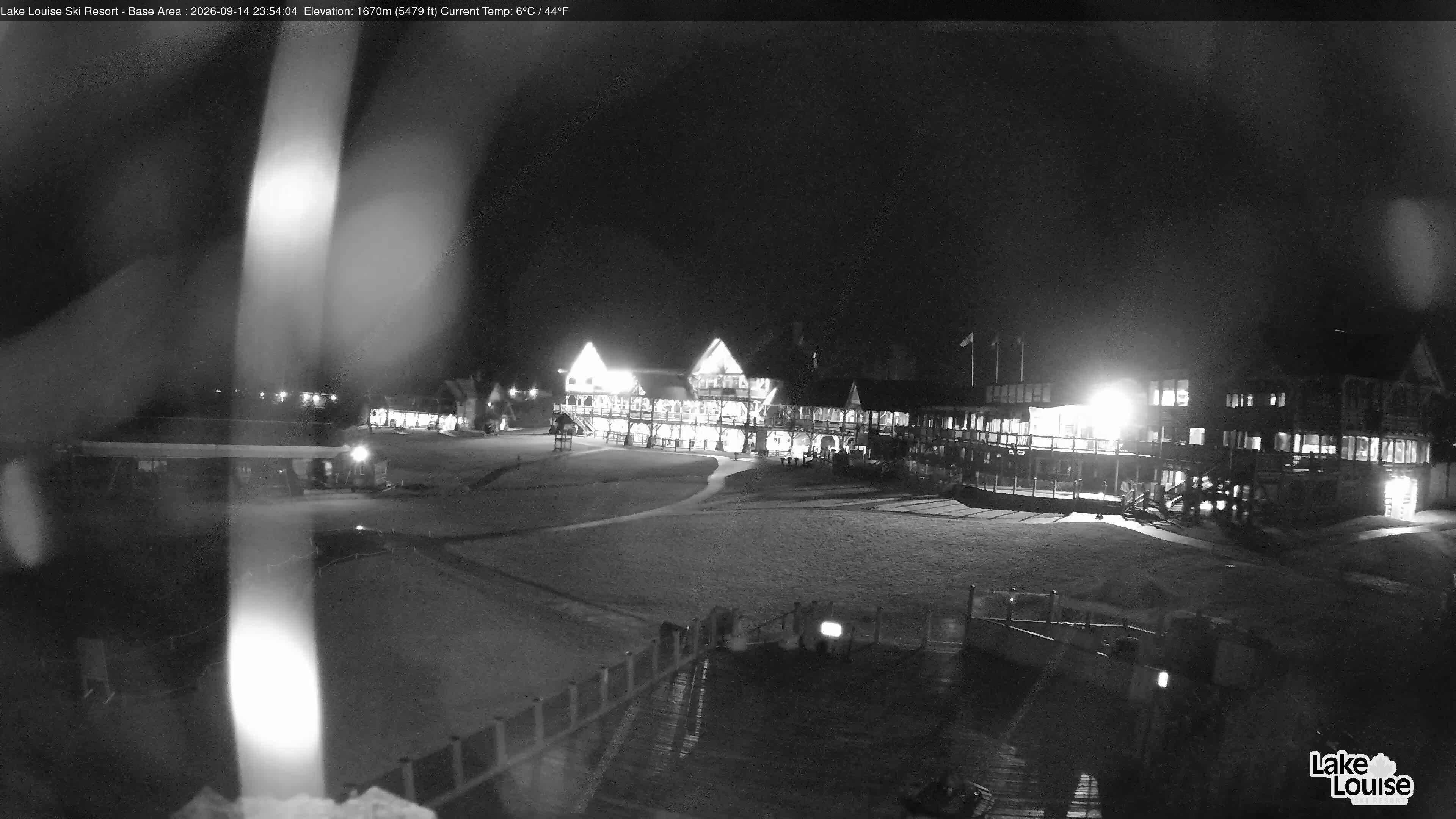 Ski Lake Louise Ski Resort Base Area - East snow cam captured at 14 September 2026 at 11:54 pm GMT-6