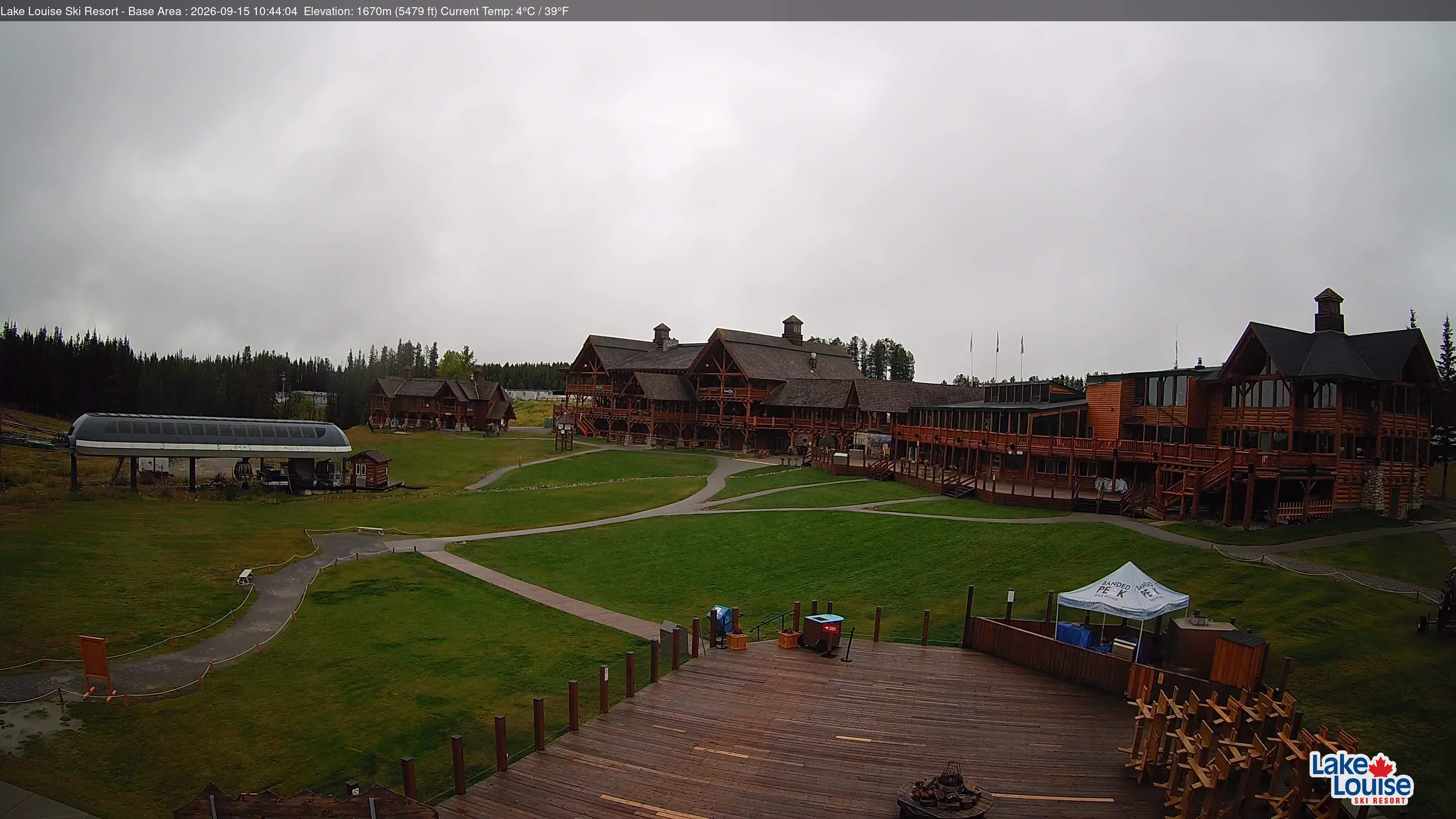 Ski Lake Louise Ski Resort Base Area - East snow cam captured at 15 September 2026 at 10:44 am GMT-6