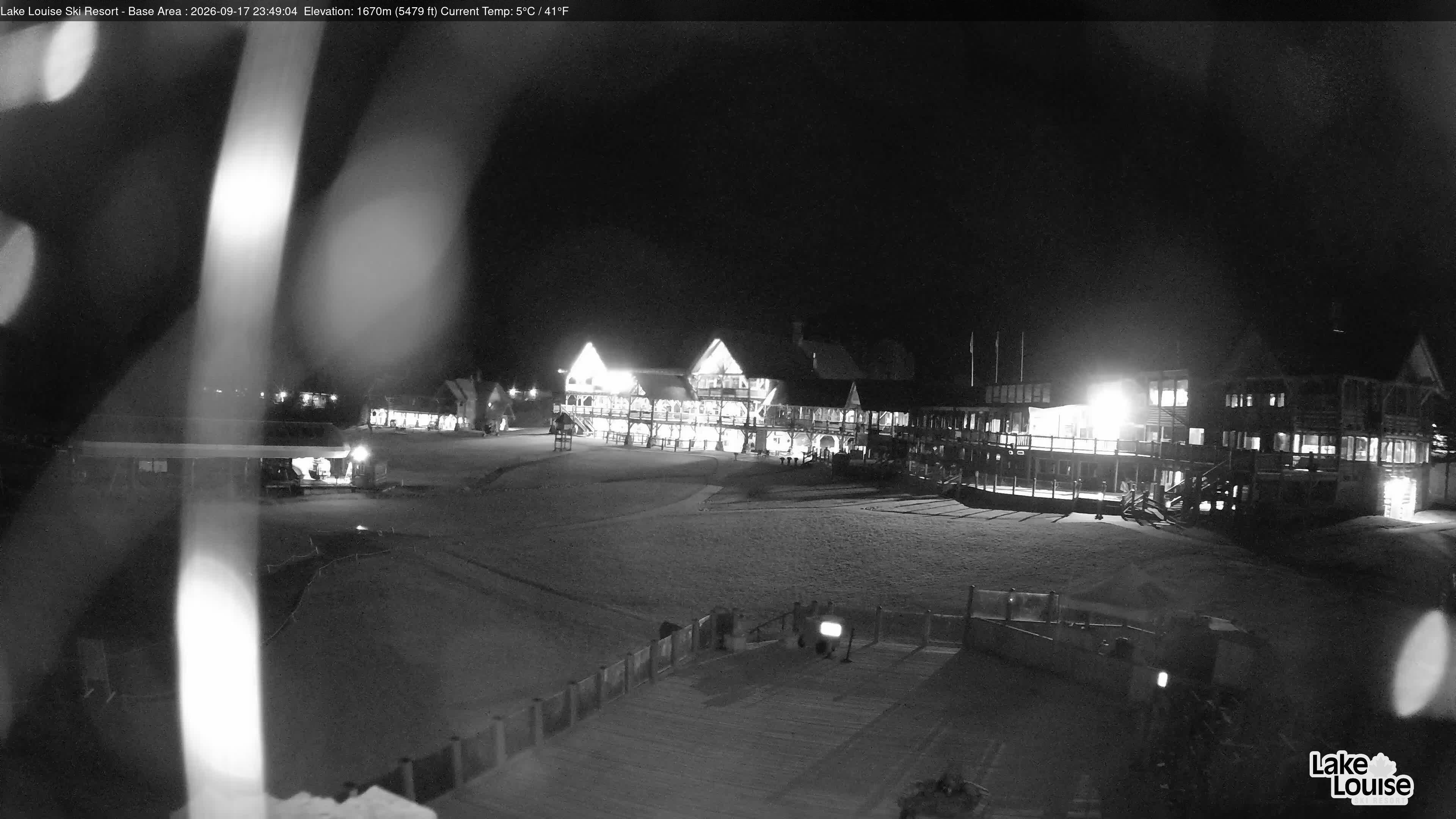 Ski Lake Louise Ski Resort Base Area - East snow cam captured at 17 September 2026 at 11:49 pm GMT-6