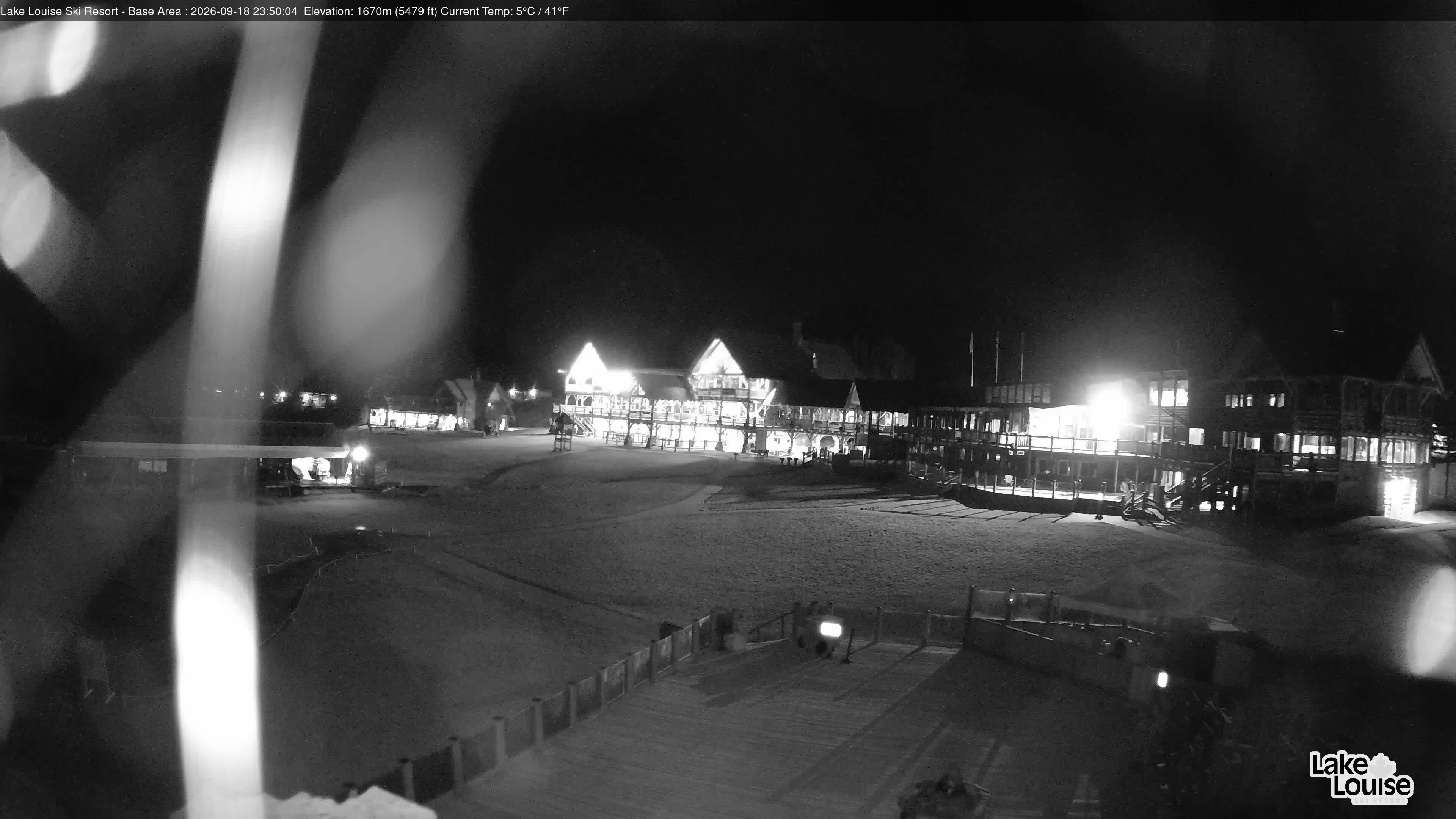 Ski Lake Louise Ski Resort Base Area - East snow cam captured at 18 September 2026 at 11:50 pm GMT-6