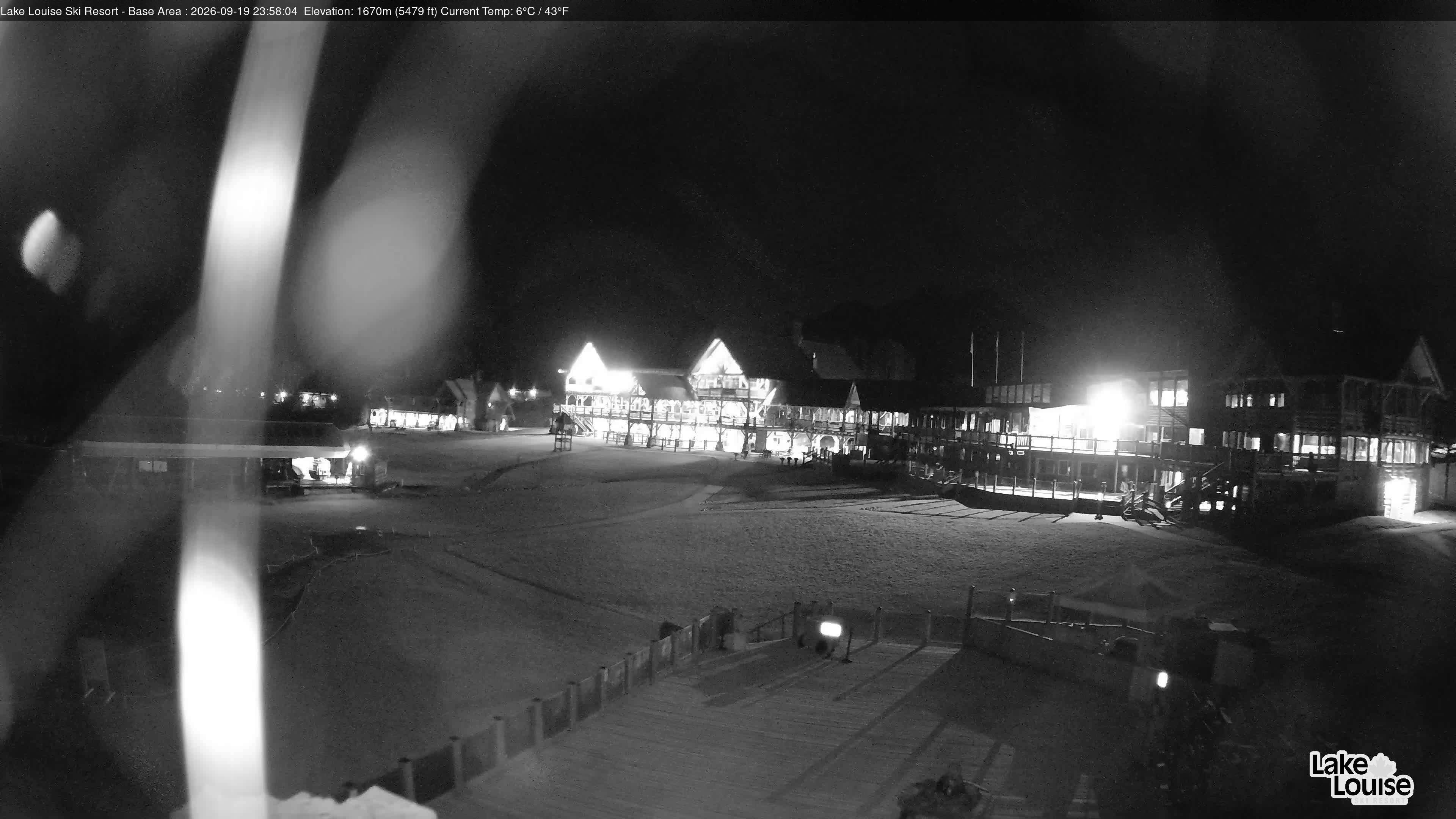 Ski Lake Louise Ski Resort Base Area - East snow cam captured at 19 September 2026 at 11:58 pm GMT-6