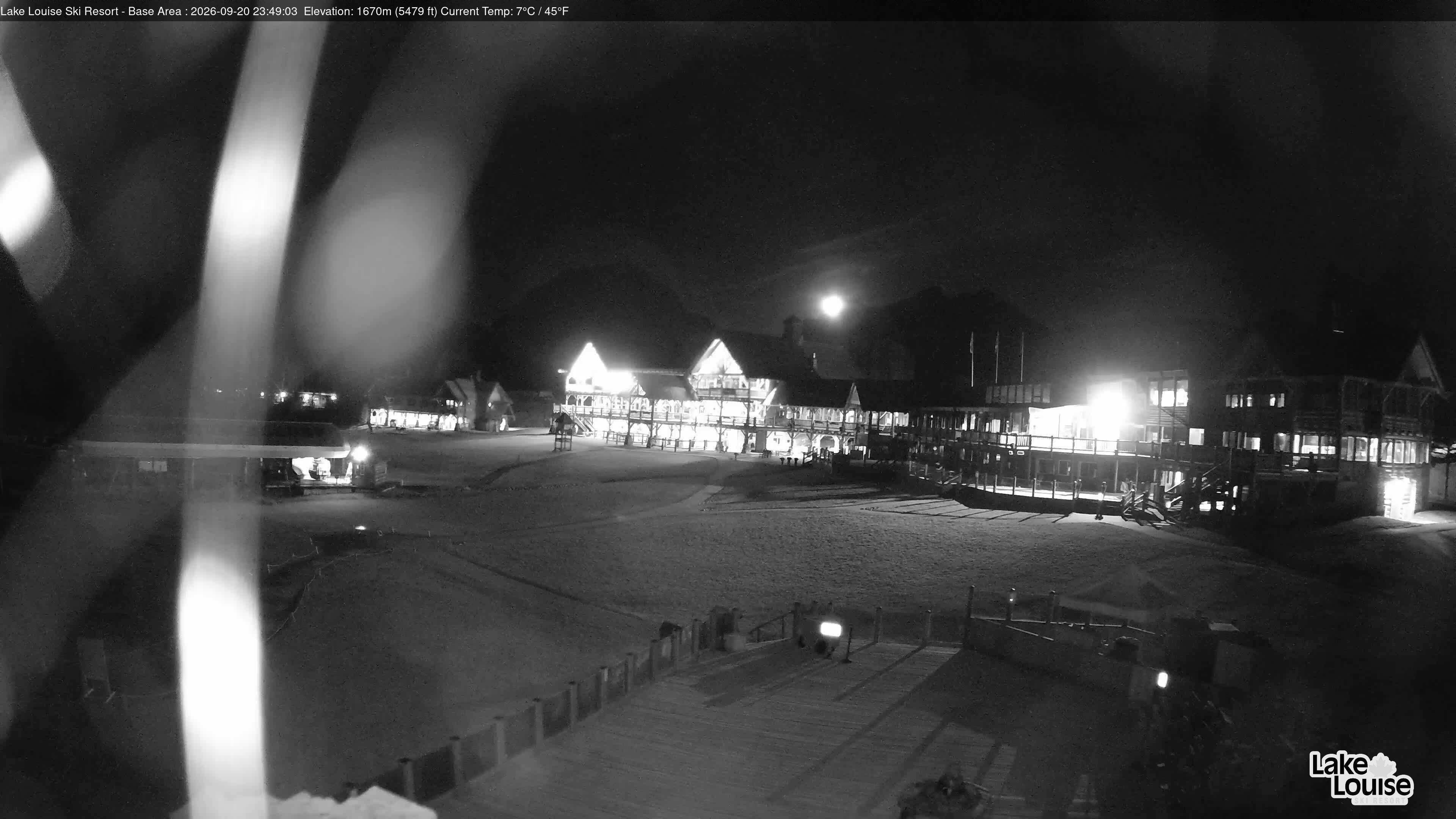 Ski Lake Louise Ski Resort Base Area - East snow cam captured at 20 September 2026 at 11:49 pm GMT-6