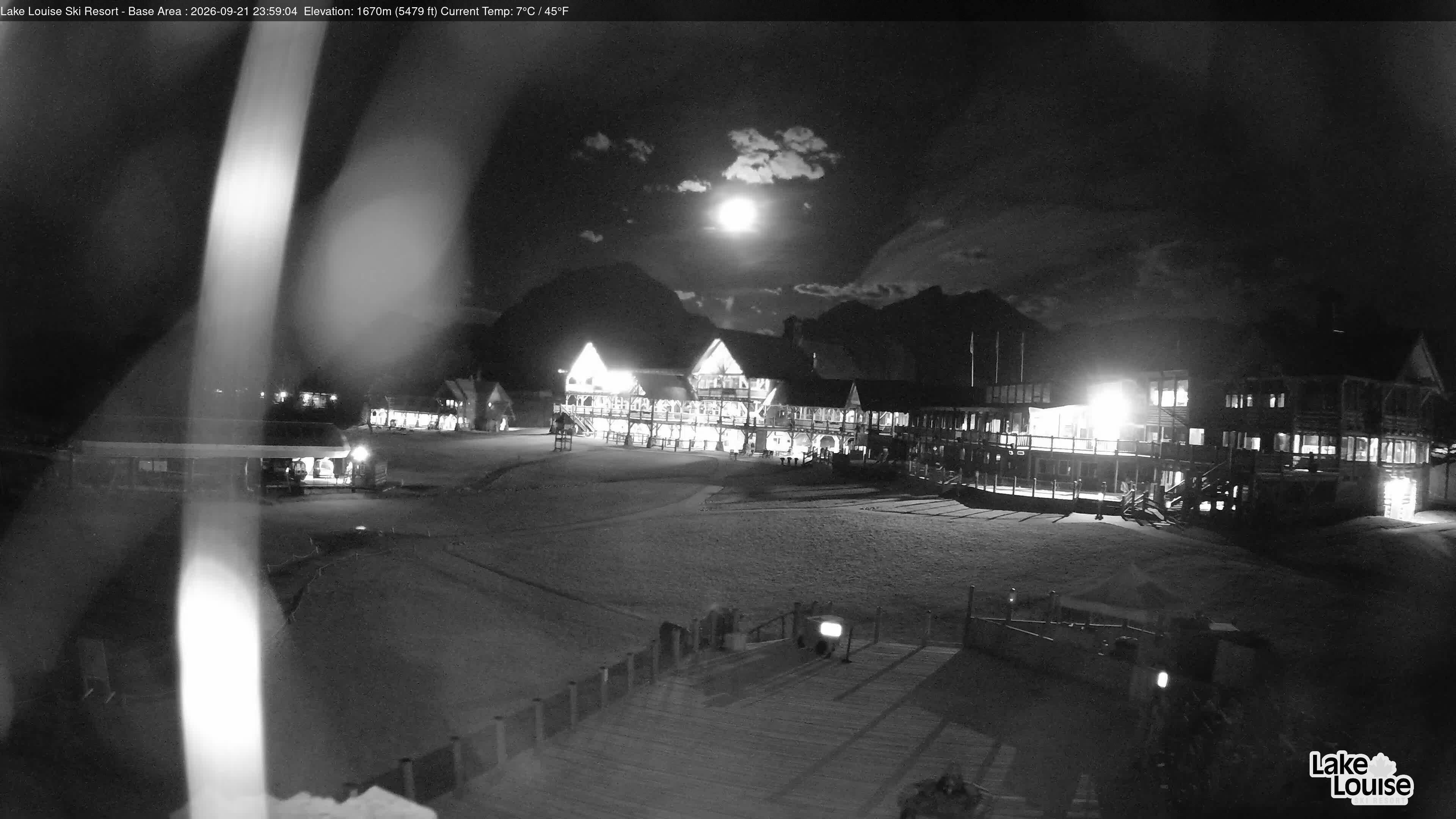 Ski Lake Louise Ski Resort Base Area - East snow cam captured at 21 September 2026 at 11:59 pm GMT-6