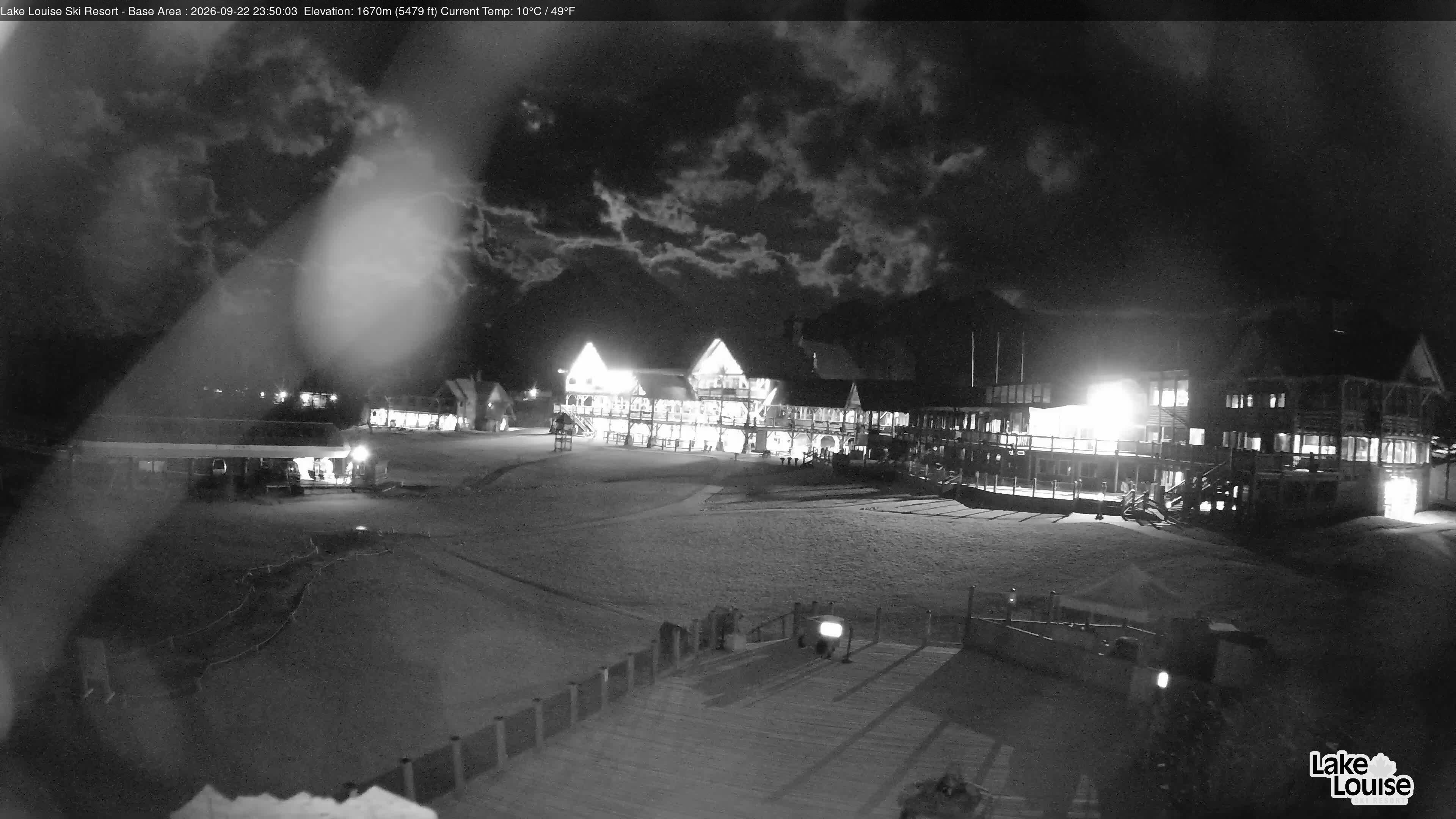 Ski Lake Louise Ski Resort Base Area - East snow cam captured at 22 September 2026 at 11:50 pm GMT-6