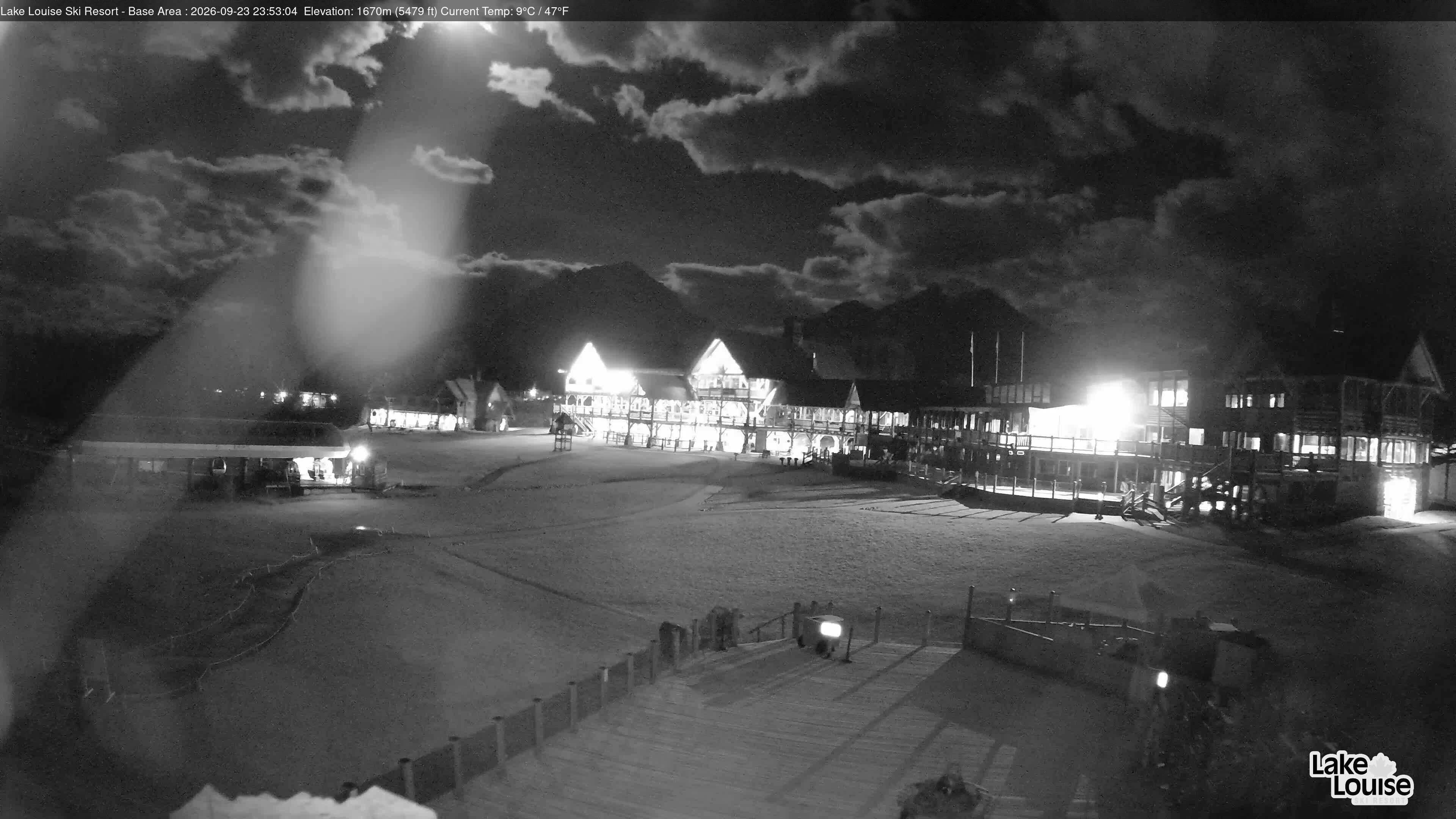 Ski Lake Louise Ski Resort Base Area - East snow cam captured at 23 September 2026 at 11:53 pm GMT-6