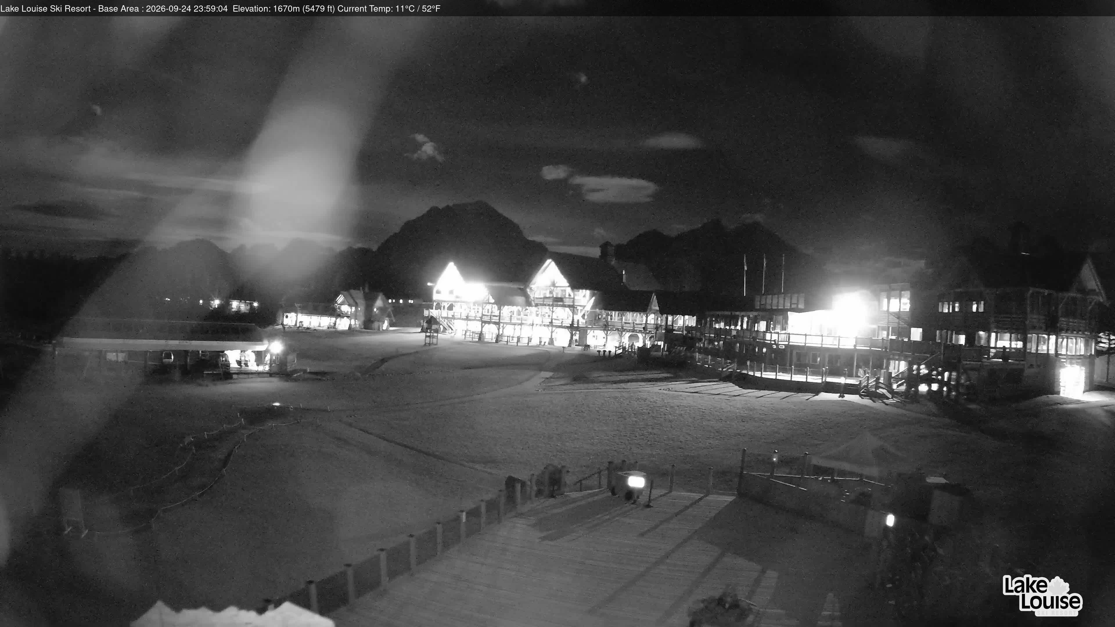 Ski Lake Louise Ski Resort Base Area - East snow cam captured at 24 September 2026 at 11:59 pm GMT-6