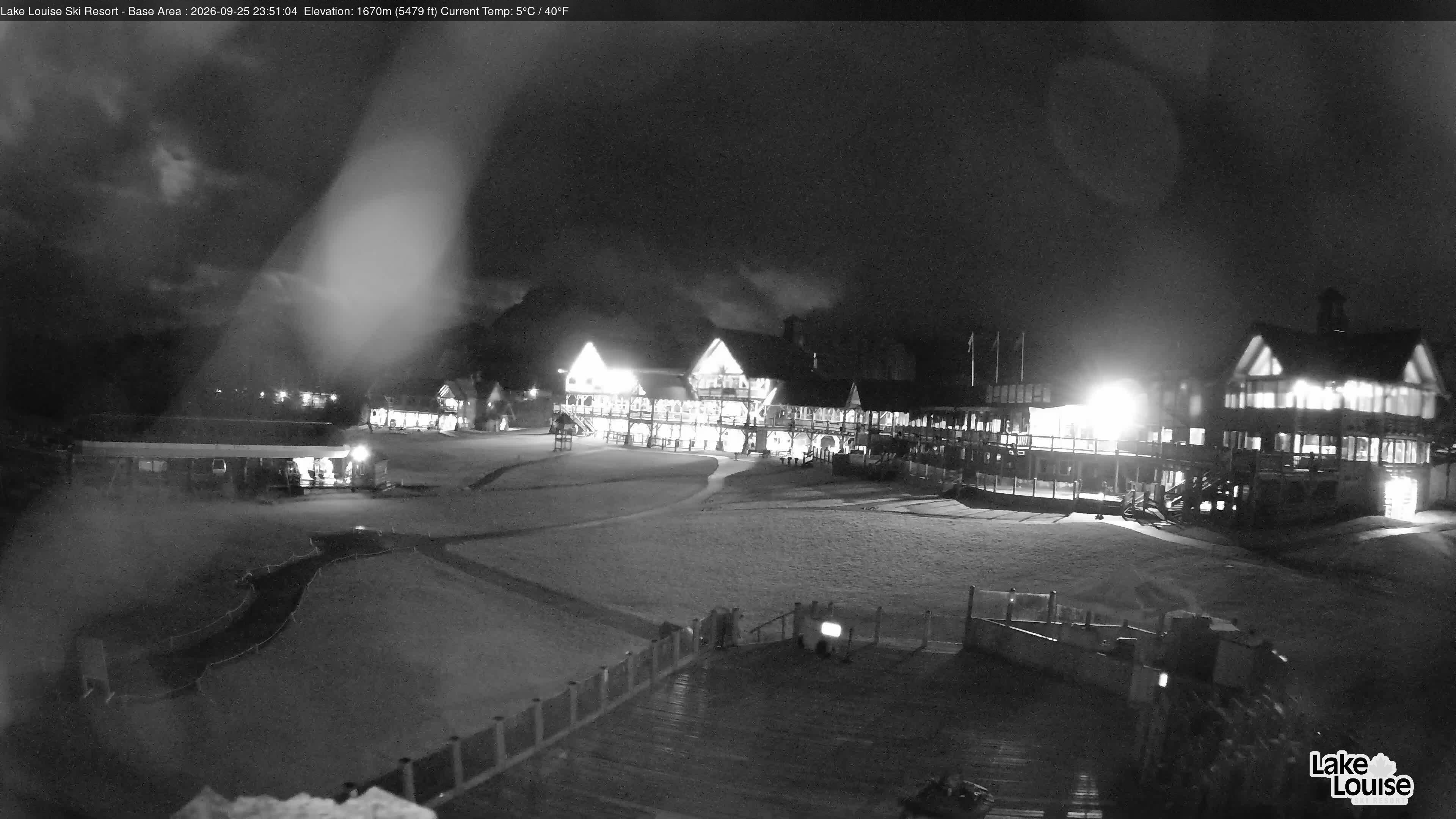 Ski Lake Louise Ski Resort Base Area - East snow cam captured at 25 September 2026 at 11:51 pm GMT-6
