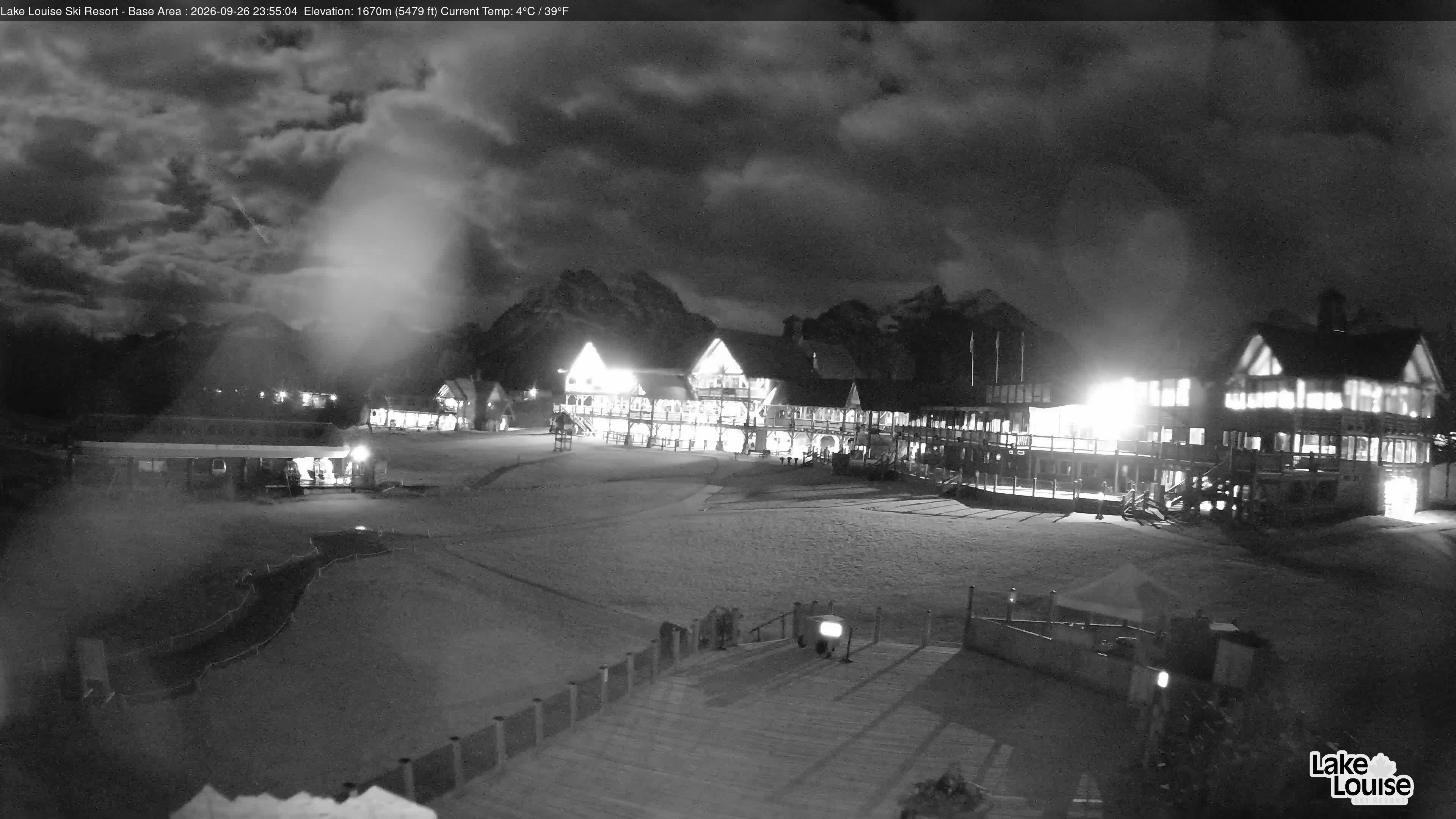 Ski Lake Louise Ski Resort Base Area - East snow cam captured at 26 September 2026 at 11:56 pm GMT-6