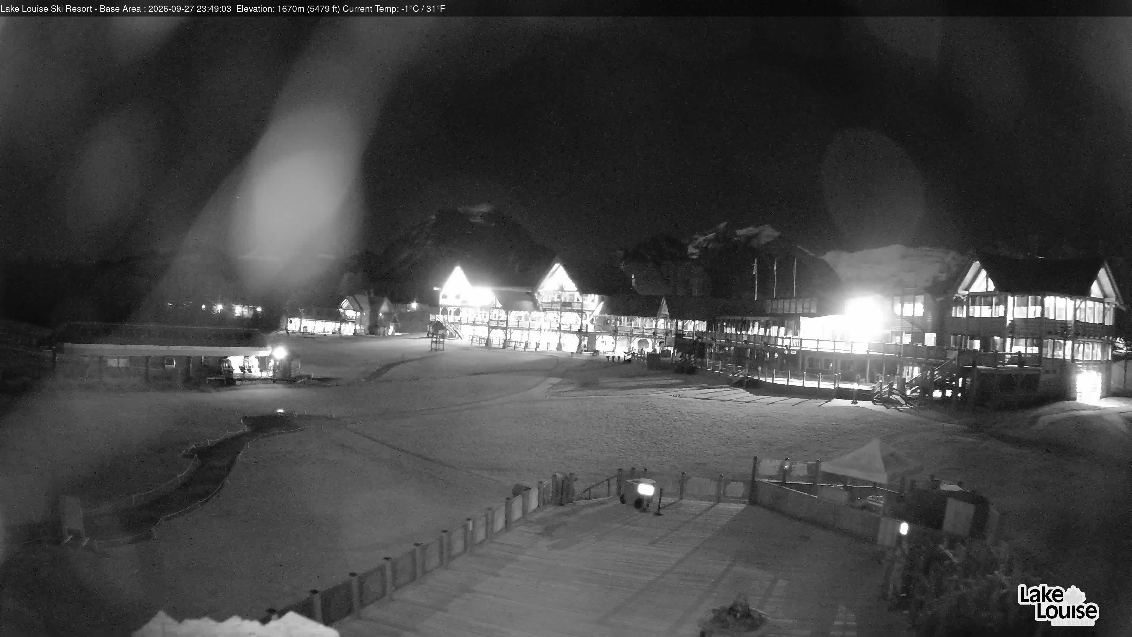 Ski Lake Louise Ski Resort Base Area - East snow cam captured at 27 September 2026 at 11:49 pm GMT-6