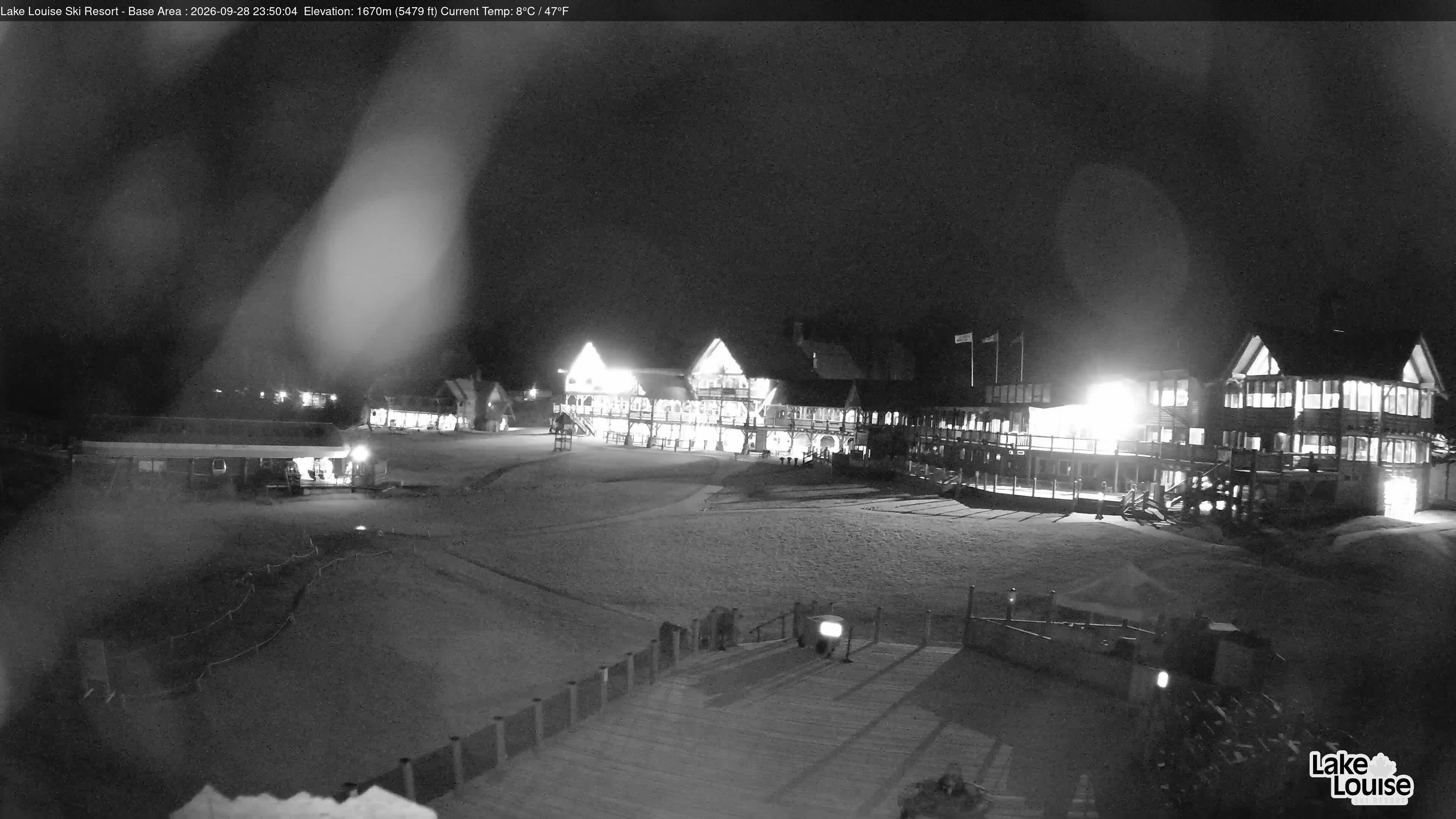 Ski Lake Louise Ski Resort Base Area - East snow cam captured at 28 September 2026 at 11:50 pm GMT-6