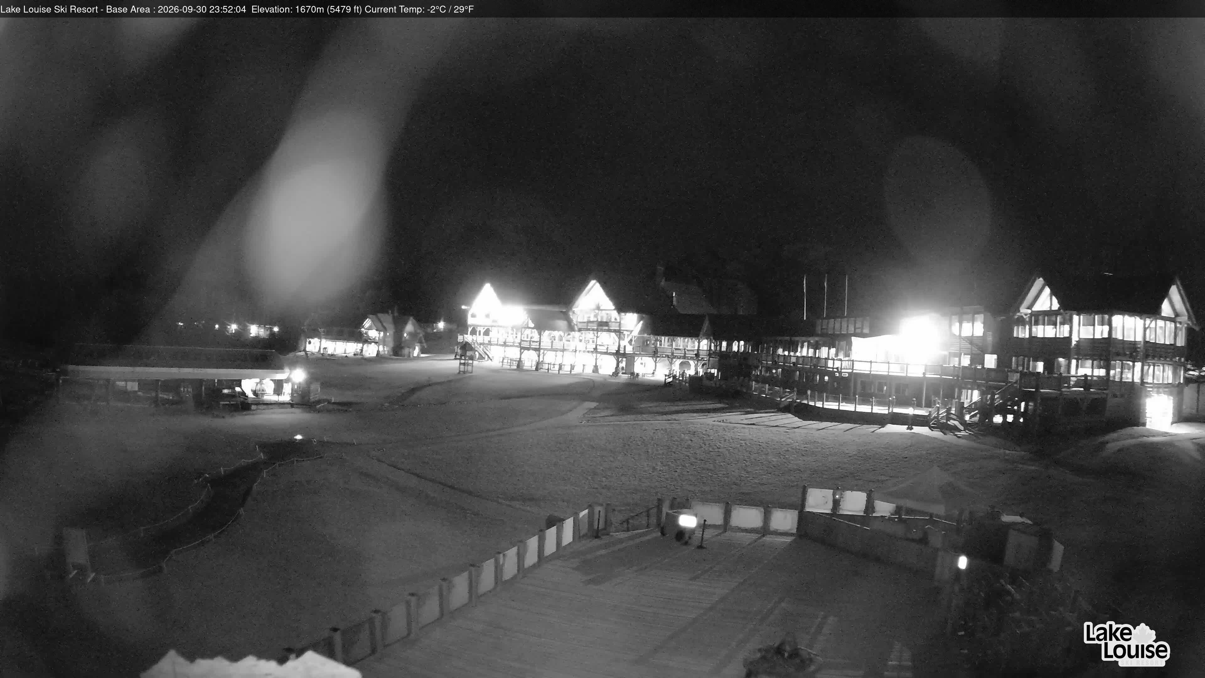 Ski Lake Louise Ski Resort Base Area - East snow cam captured at 30 September 2026 at 11:52 pm GMT-6