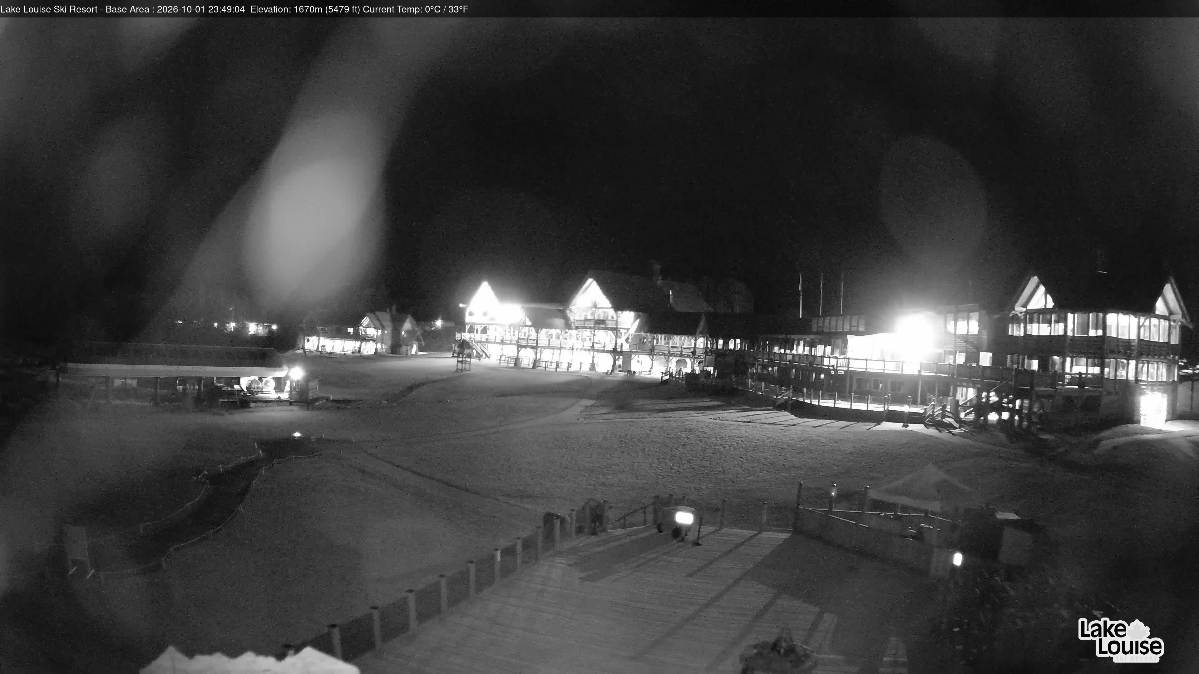 Ski Lake Louise Ski Resort Base Area - East snow cam captured at 1 October 2026 at 11:49 pm GMT-6